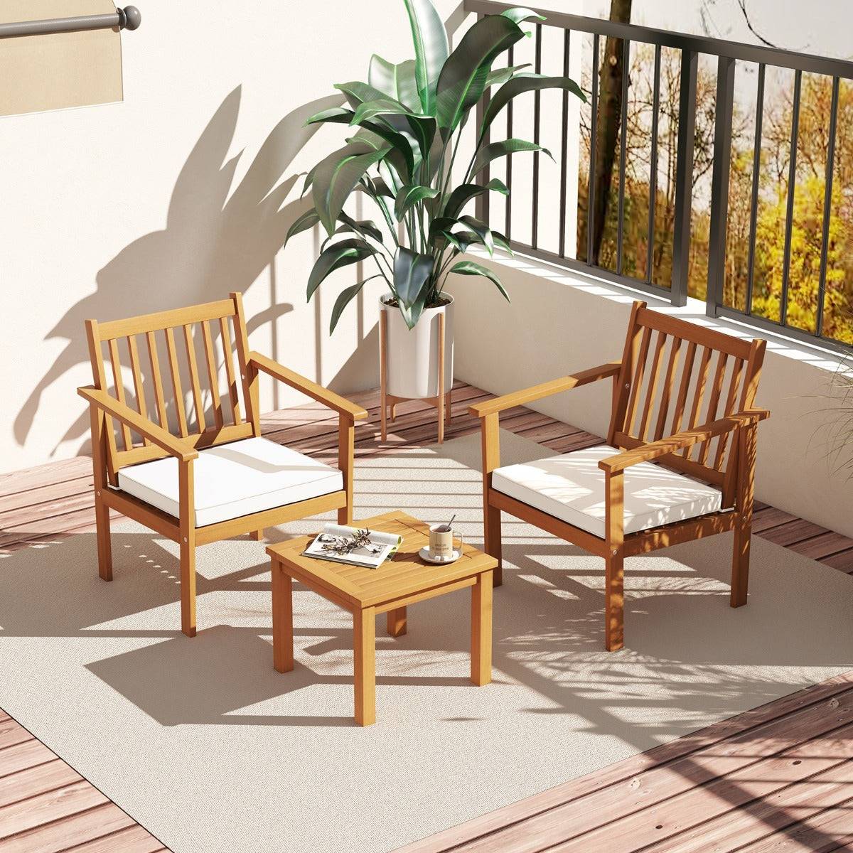 Helloshop26 - 3pcs salon de jardin en bois d'acacia conception à lattes coussins doux ensemble de table et 2 chaises salon terrasse naturel - Image 2