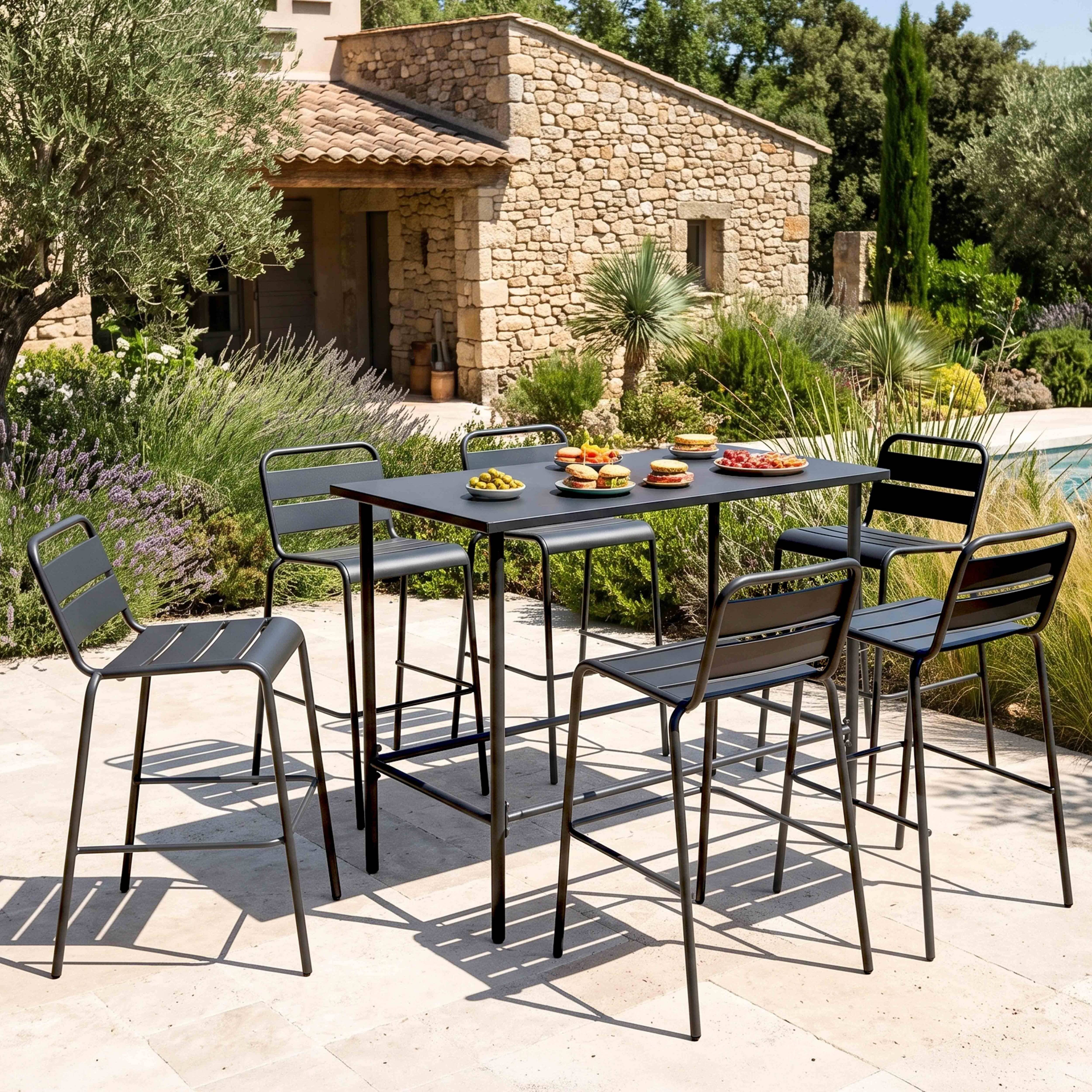 Oviala - Ensemble table haute de jardin et 6 chaises en métal gris Palavas - Oviala - Image 2