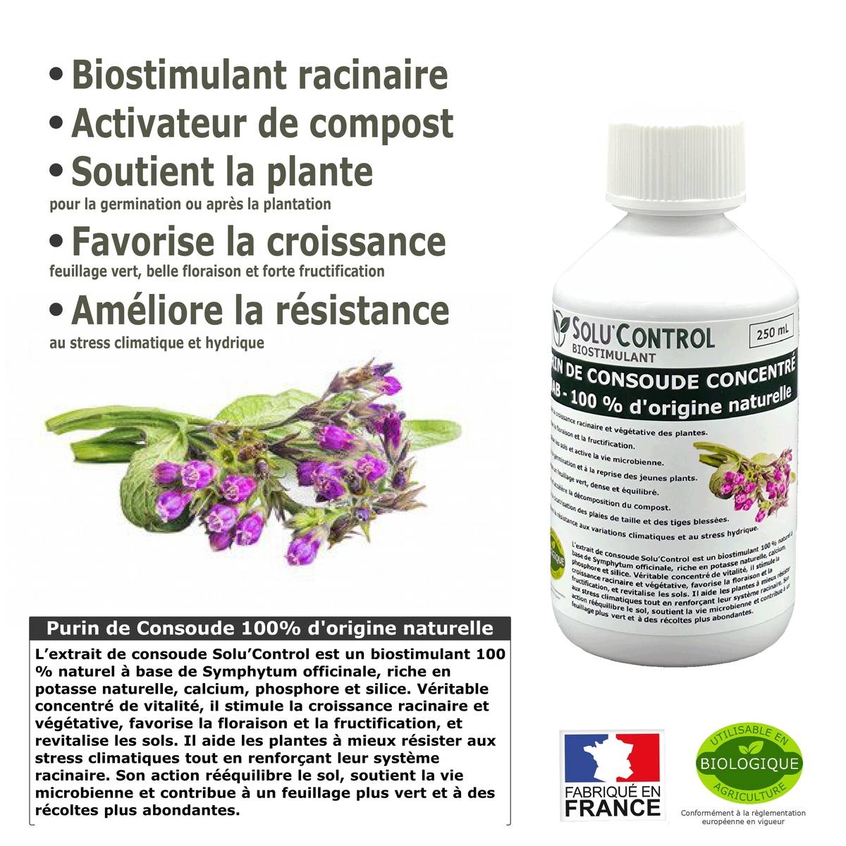 Tout pour les nuisibles - SOLU'CONTROL - Purin de Consoude - 250 ml Concentré Biostimulant Racinaire, Favorise la Croissance et la Floraison - Image 3