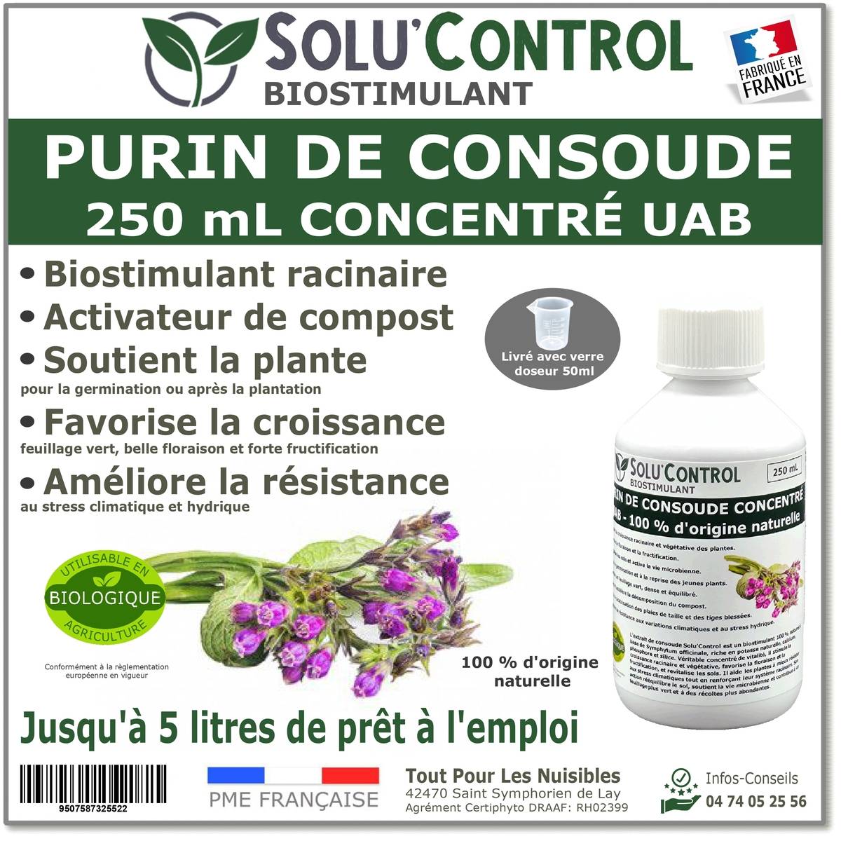 Tout pour les nuisibles - SOLU'CONTROL - Purin de Consoude - 250 ml Concentré Biostimulant Racinaire, Favorise la Croissance et la Floraison - Image 1