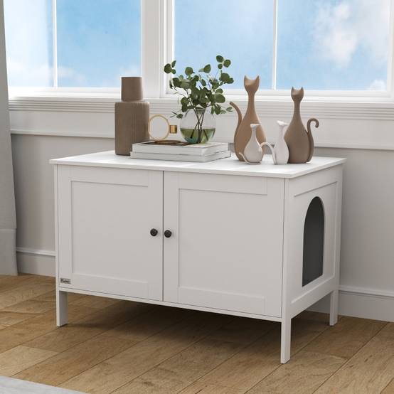 ComfortXL - Meuble cache-litière chat bois MDF pour grands chats anti-odeur 80x51x54cm blanc - ComfortXL Outdoor Living - Image 8