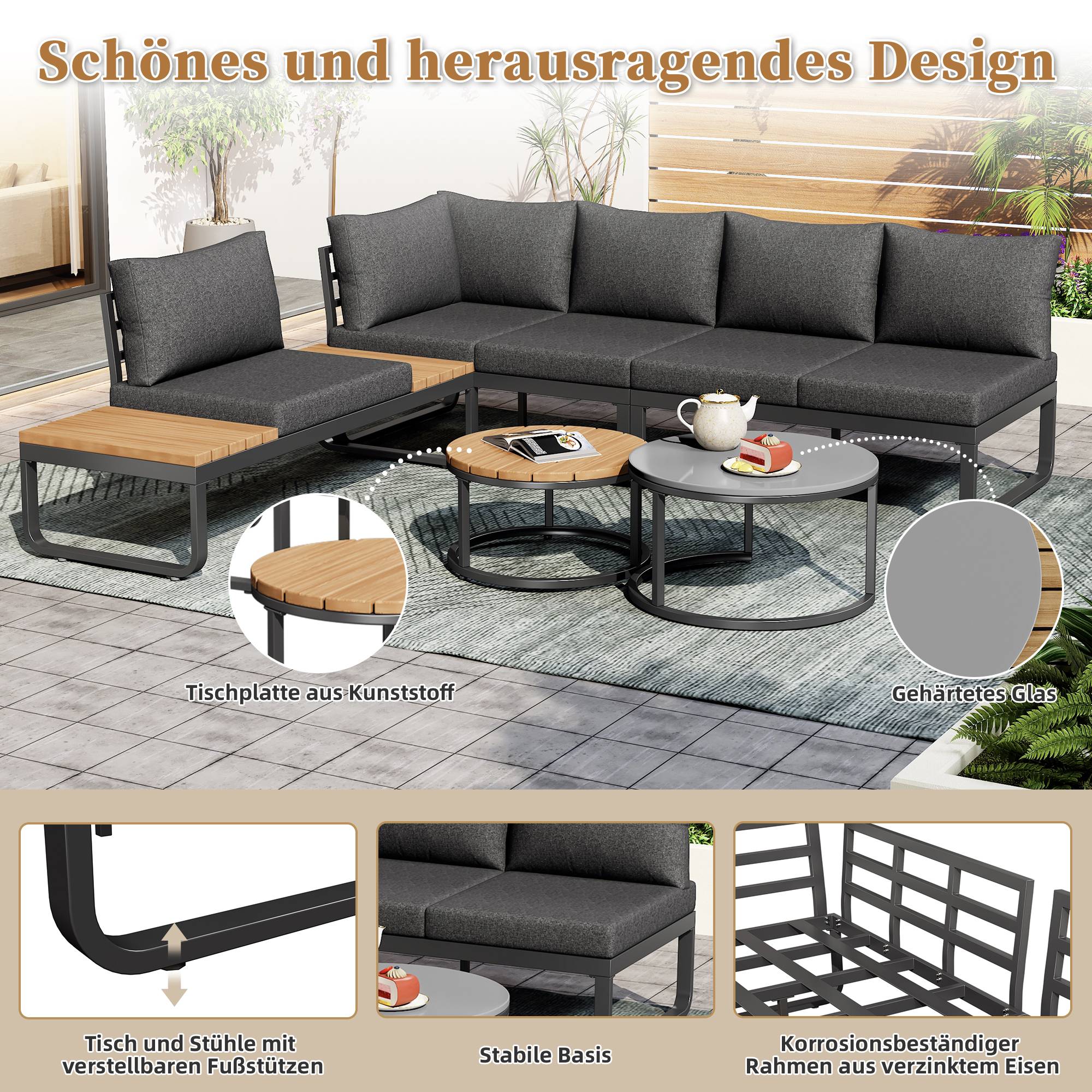 Set de mobilier de jardin 4-5 places avec 2 canapés 2 places et 2 tables empilables Acier Gris - PANGIVO - Image 7