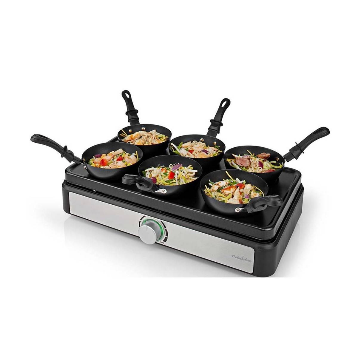 Wok Party Crepière SET pour 6 personnes 600W Revetement anti-adhésif Poêle à wok NEDIS - Image 1