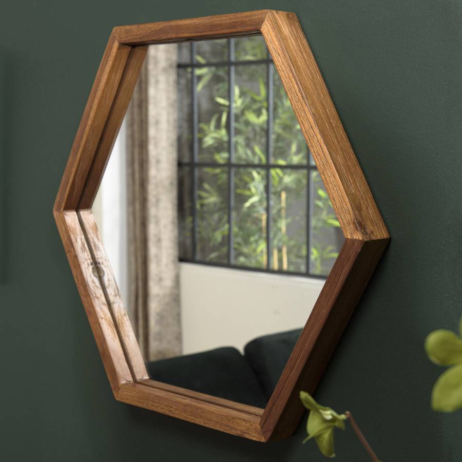 Macabane - ALIDA - Miroir 'L' marron structure bois teck recyclé forme hexagone - Image 4
