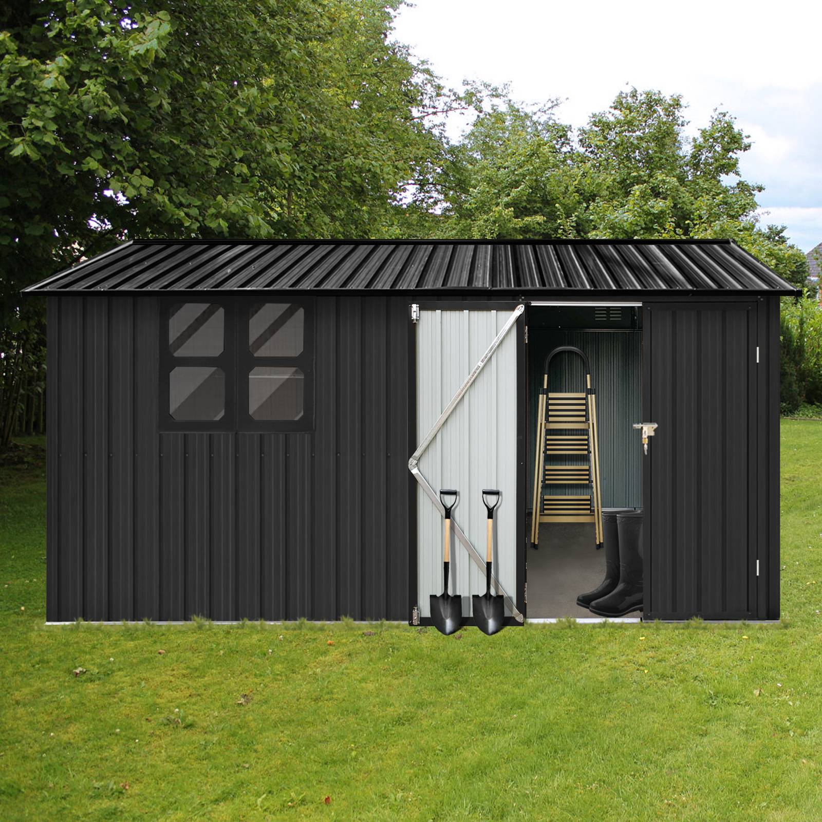 Abri de jardin métal acier galvanisé toit double pente rangement extérieur 10,3 m² noir - ComfortXL Outdoor Living - Image 7