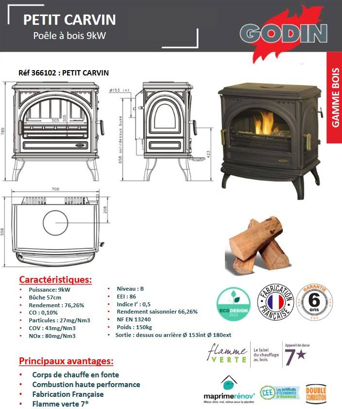 Poêle bois bûche GODIN Petit Carvin 9Kw - Anthracite - 366102 - Image 2