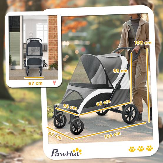 Poussette pour chien et chat, polyester, gris foncé, 124 x 67 x 100 cm - PANGIVO - Image 3