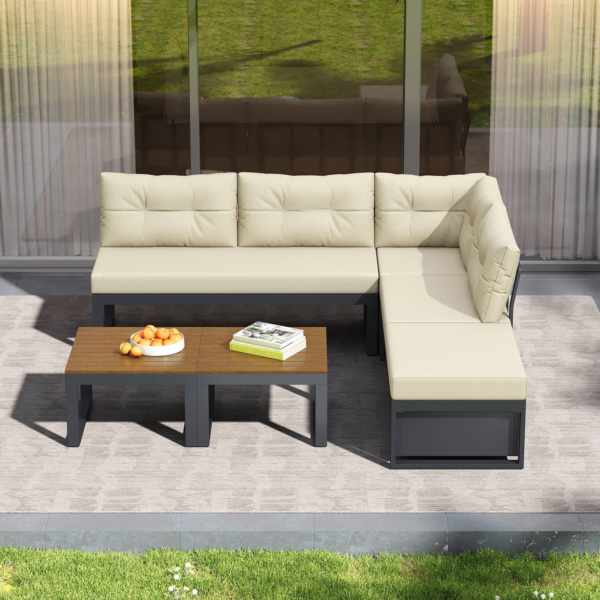 Salon de Jardin avec Canapé d'angle et Table Basse pour terrasse Polyester Beige - Image 3