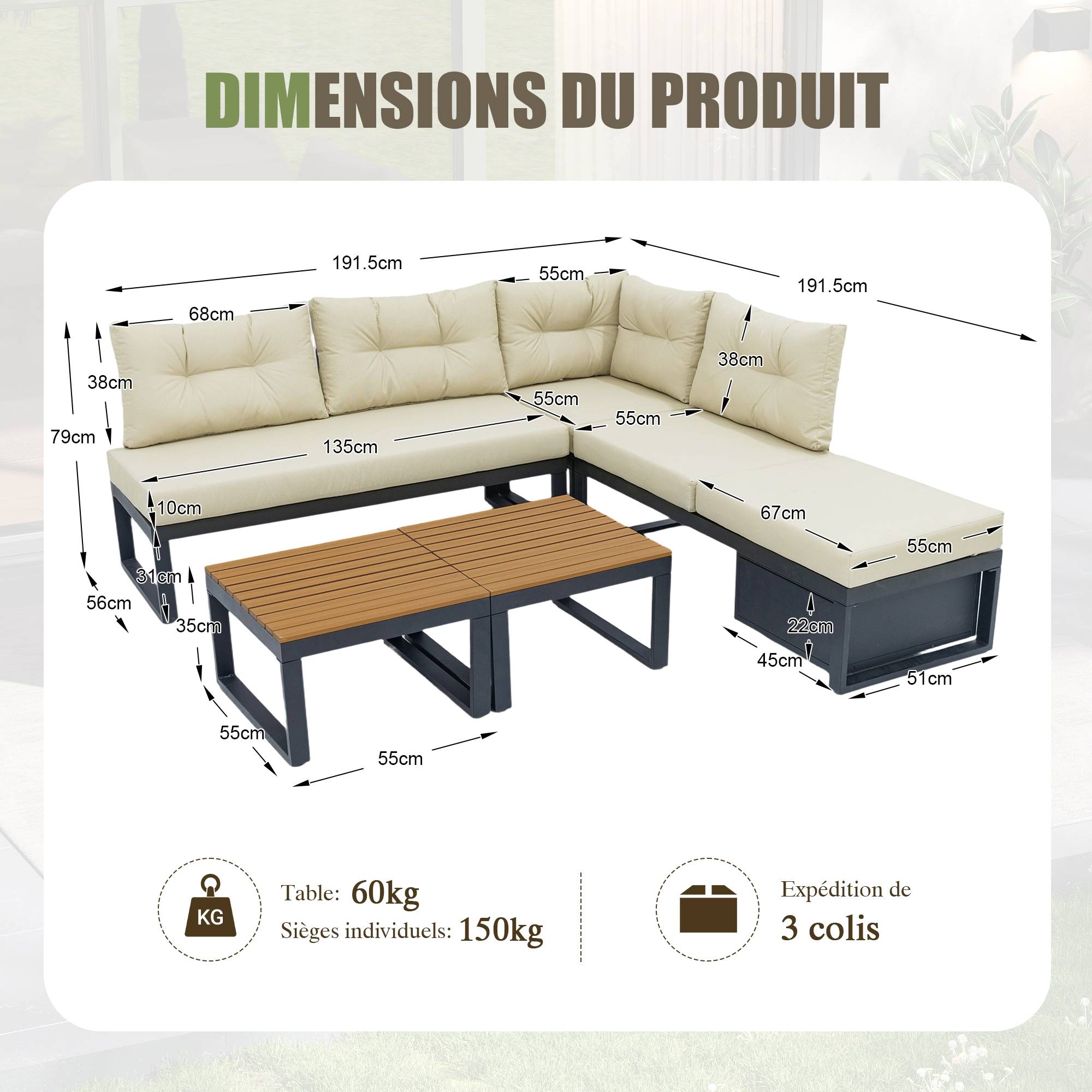 Salon de Jardin avec Canapé d'angle et Table Basse pour terrasse Polyester Beige - Image 5