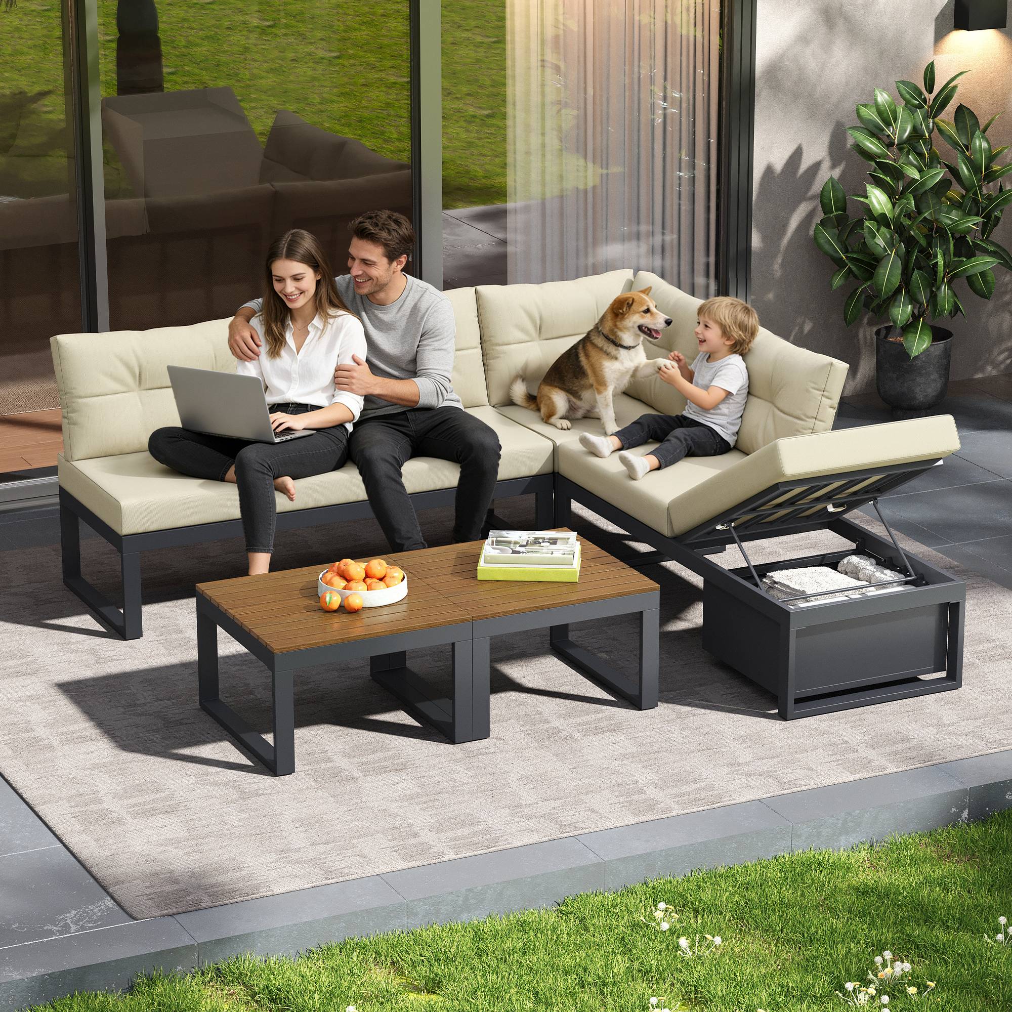 Salon de Jardin avec Canapé d'angle et Table Basse pour terrasse Polyester Beige - Image 4