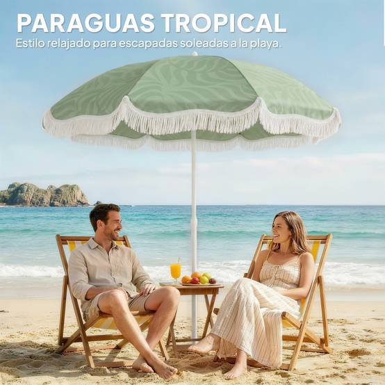 Parasol de plage à franges Ø180 cm, hauteur réglable, inclinaison, ancrage pour le sable, sac de transport inclus, protection UPF30+, vert - Image 6