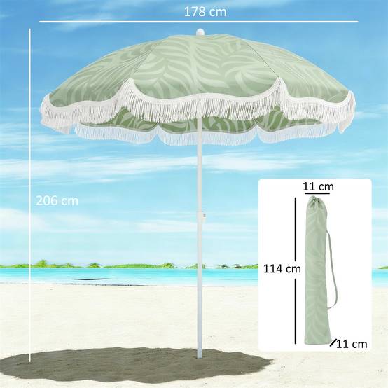Parasol de plage à franges Ø180 cm, hauteur réglable, inclinaison, ancrage pour le sable, sac de transport inclus, protection UPF30+, vert - Image 5