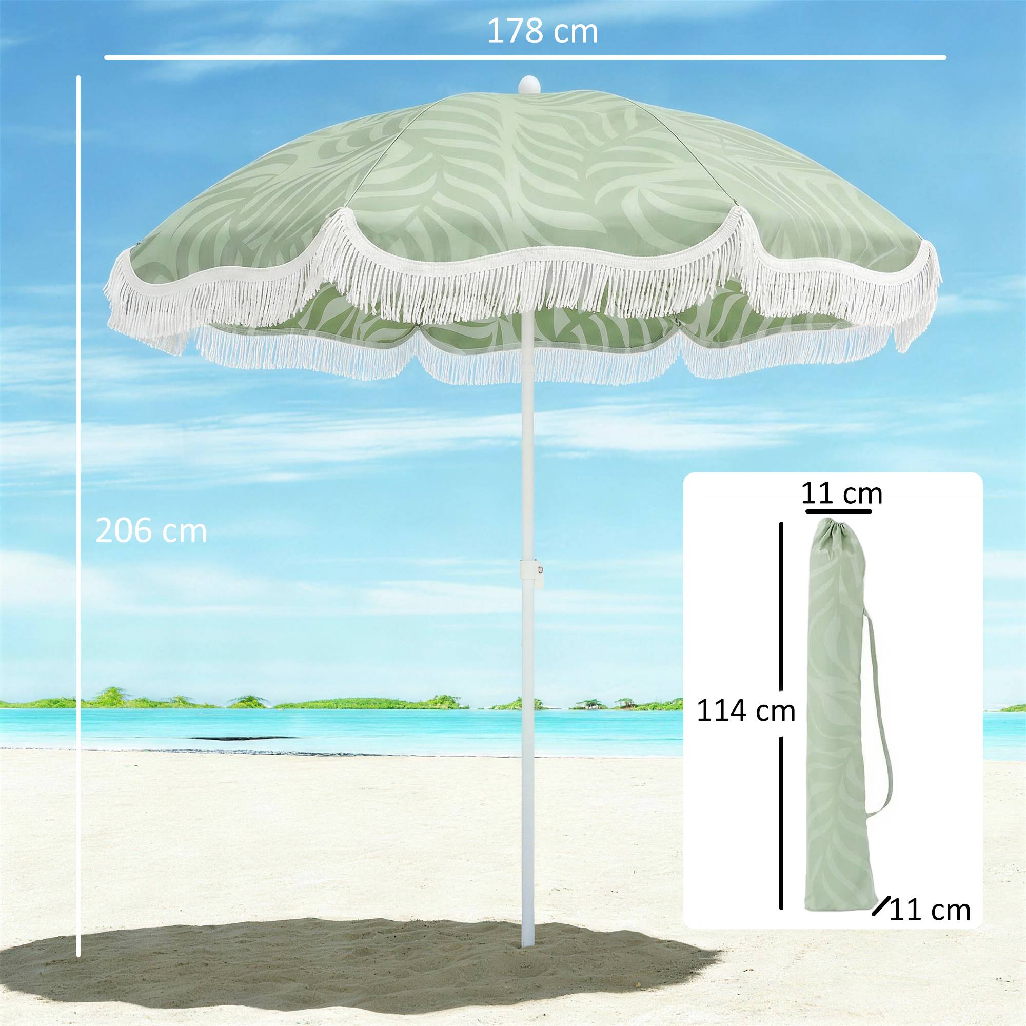 Parasol de plage à franges Ø180 cm, hauteur réglable, inclinaison, ancrage pour le sable, sac de transport inclus, protection UPF30+, vert - Image 5