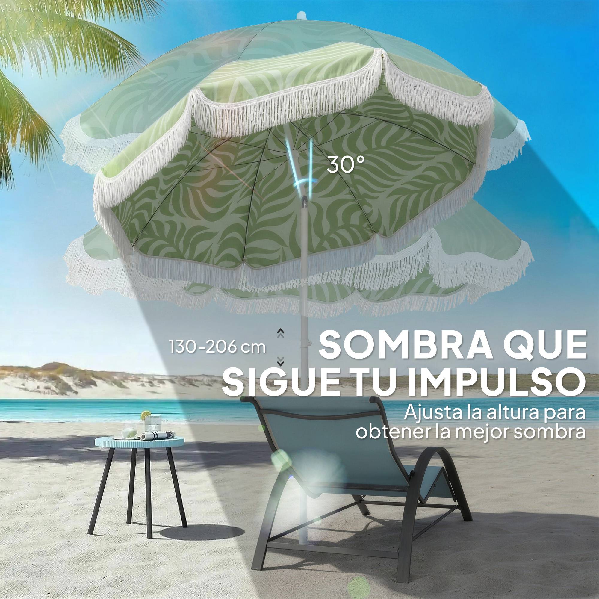 Parasol de plage à franges Ø180 cm, hauteur réglable, inclinaison, ancrage pour le sable, sac de transport inclus, protection UPF30+, vert - Image 7