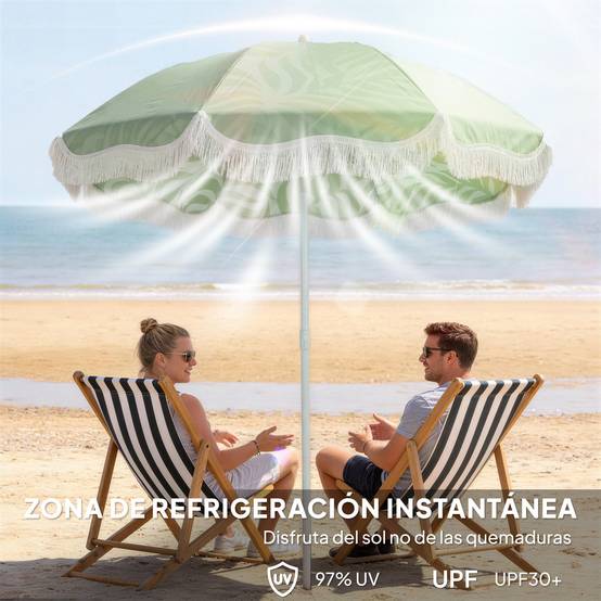 Parasol de plage à franges Ø180 cm, hauteur réglable, inclinaison, ancrage pour le sable, sac de transport inclus, protection UPF30+, vert - Image 8
