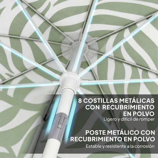 Parasol de plage à franges Ø180 cm, hauteur réglable, inclinaison, ancrage pour le sable, sac de transport inclus, protection UPF30+, vert - Image 10