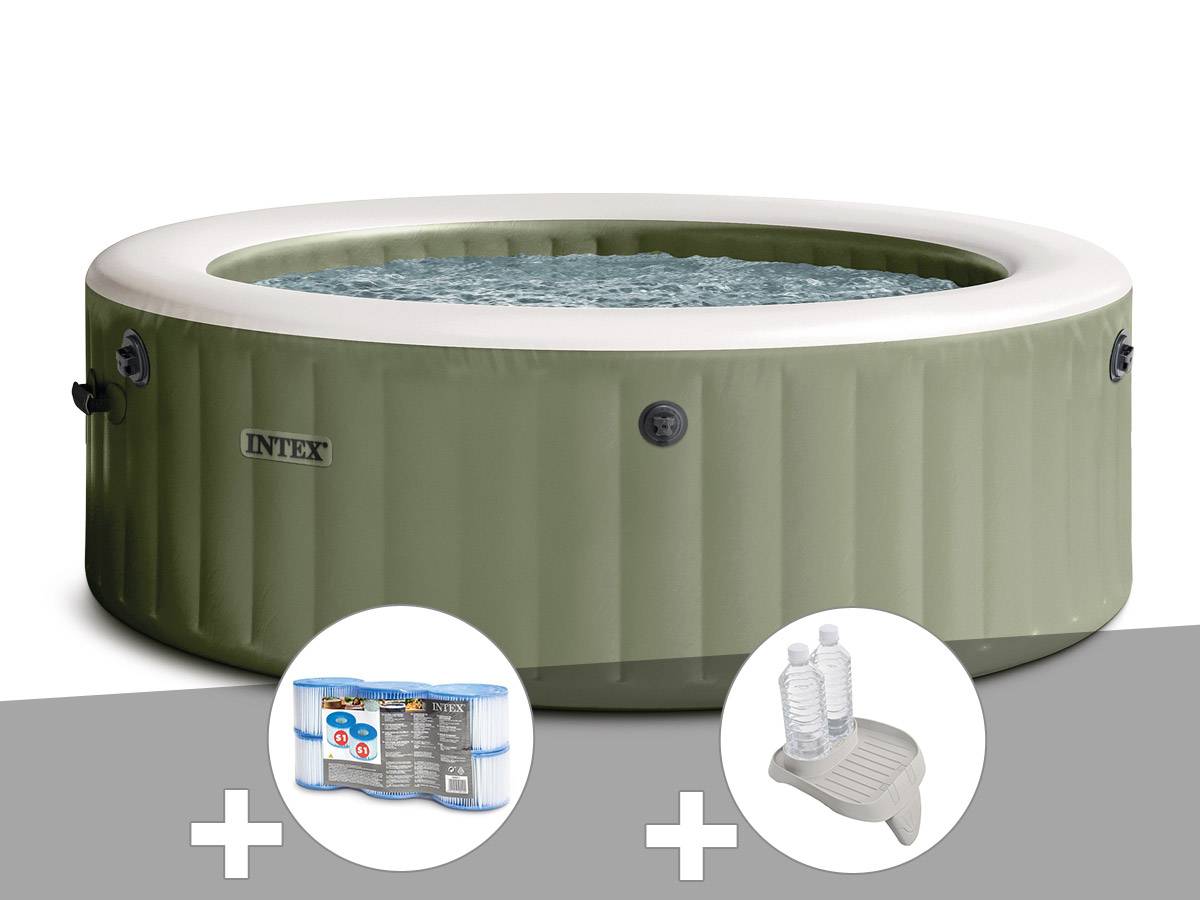 Kit spa gonflable Intex PureSpa Olive rond Bulles 4 places + 6 filtres + Porte-verre
