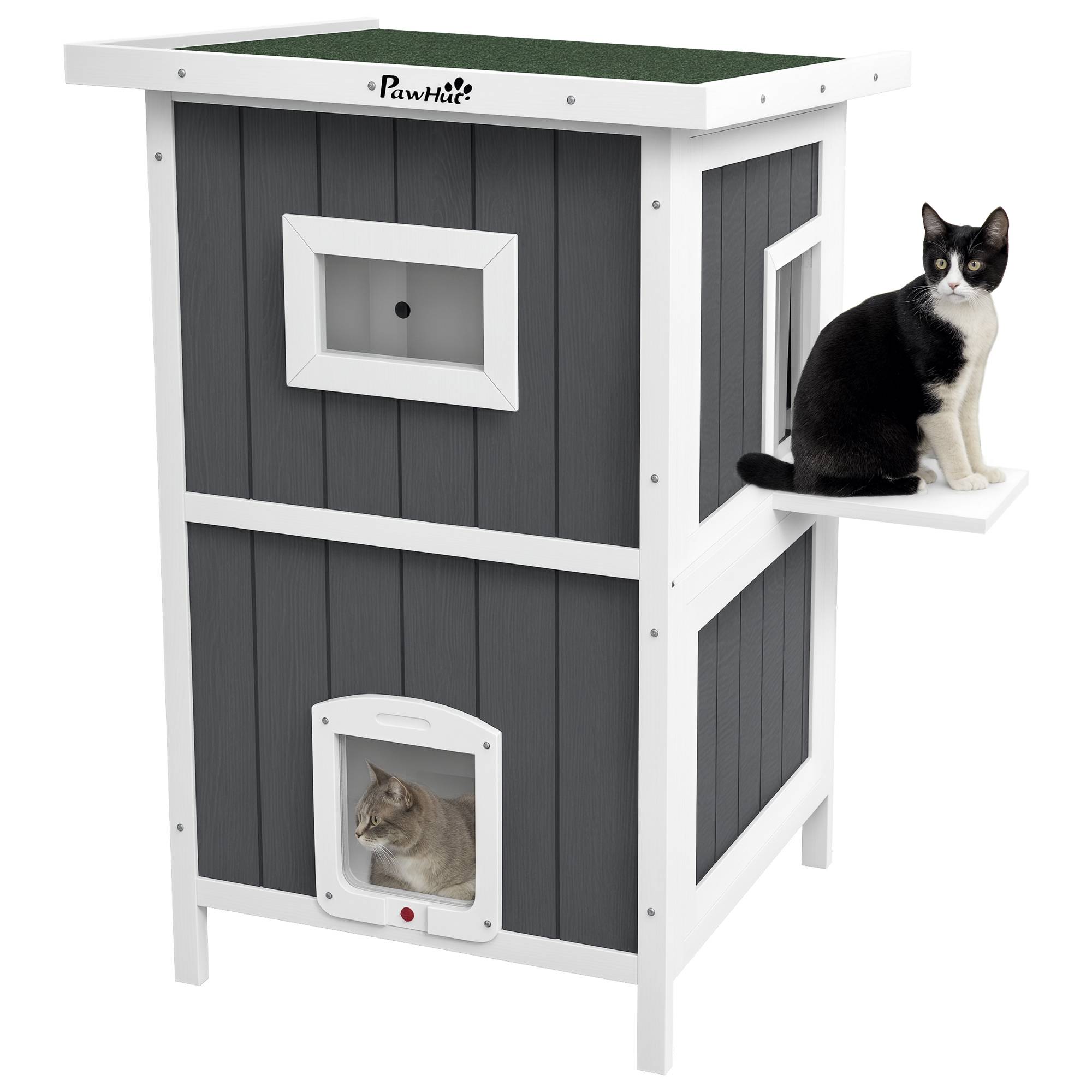 Niche extérieure pour chat en bois à 2 niveaux avec toit bitumeux et 4 portes, 60 x 60 x 90,5 cm, gris - Image 1