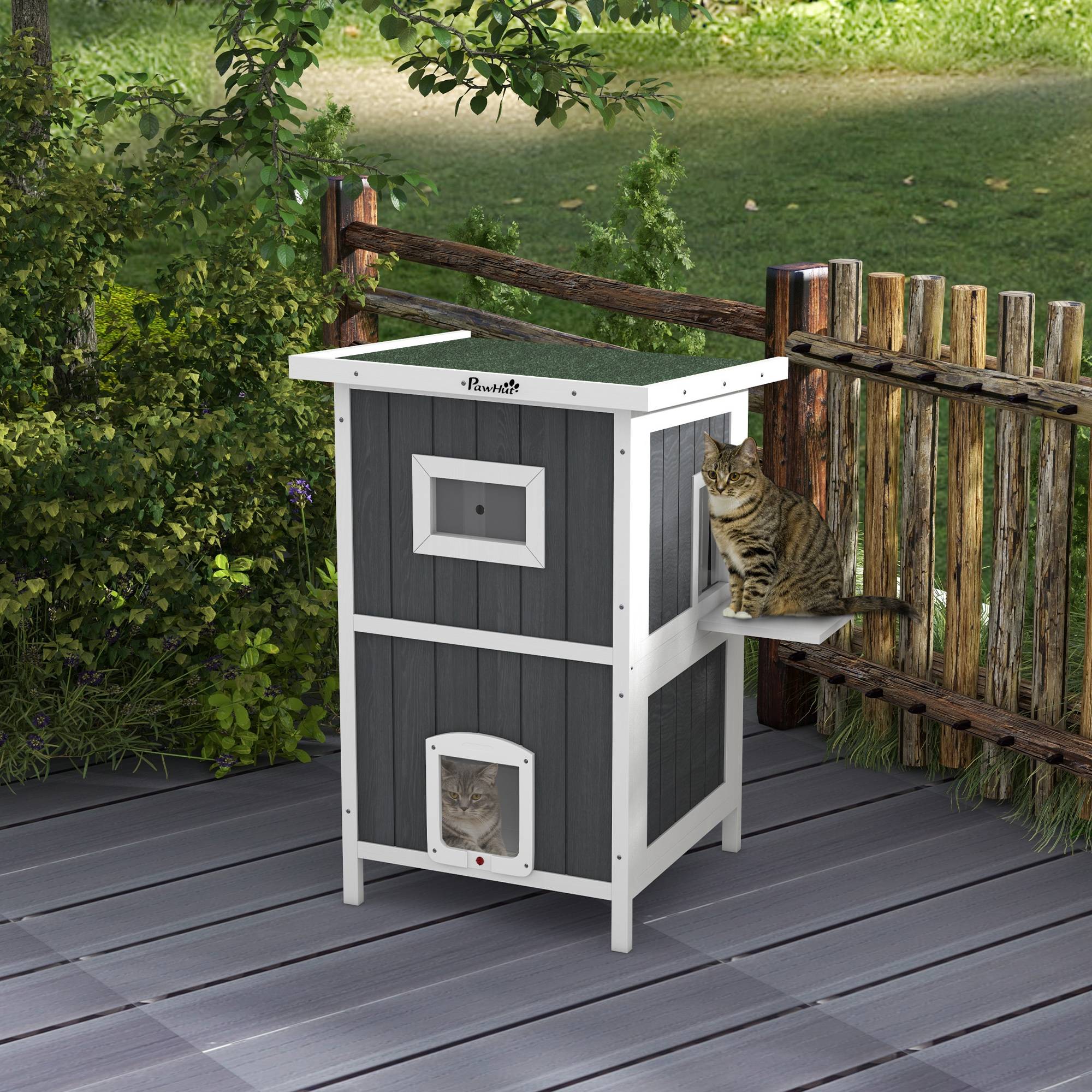 Niche extérieure pour chat en bois à 2 niveaux avec toit bitumeux et 4 portes, 60 x 60 x 90,5 cm, gris - Image 3
