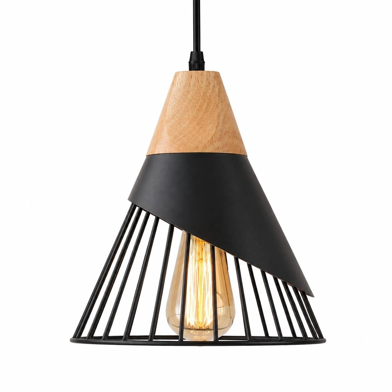 Suspension Vintage Industriel Bois Métal E27 Noir - Image 1