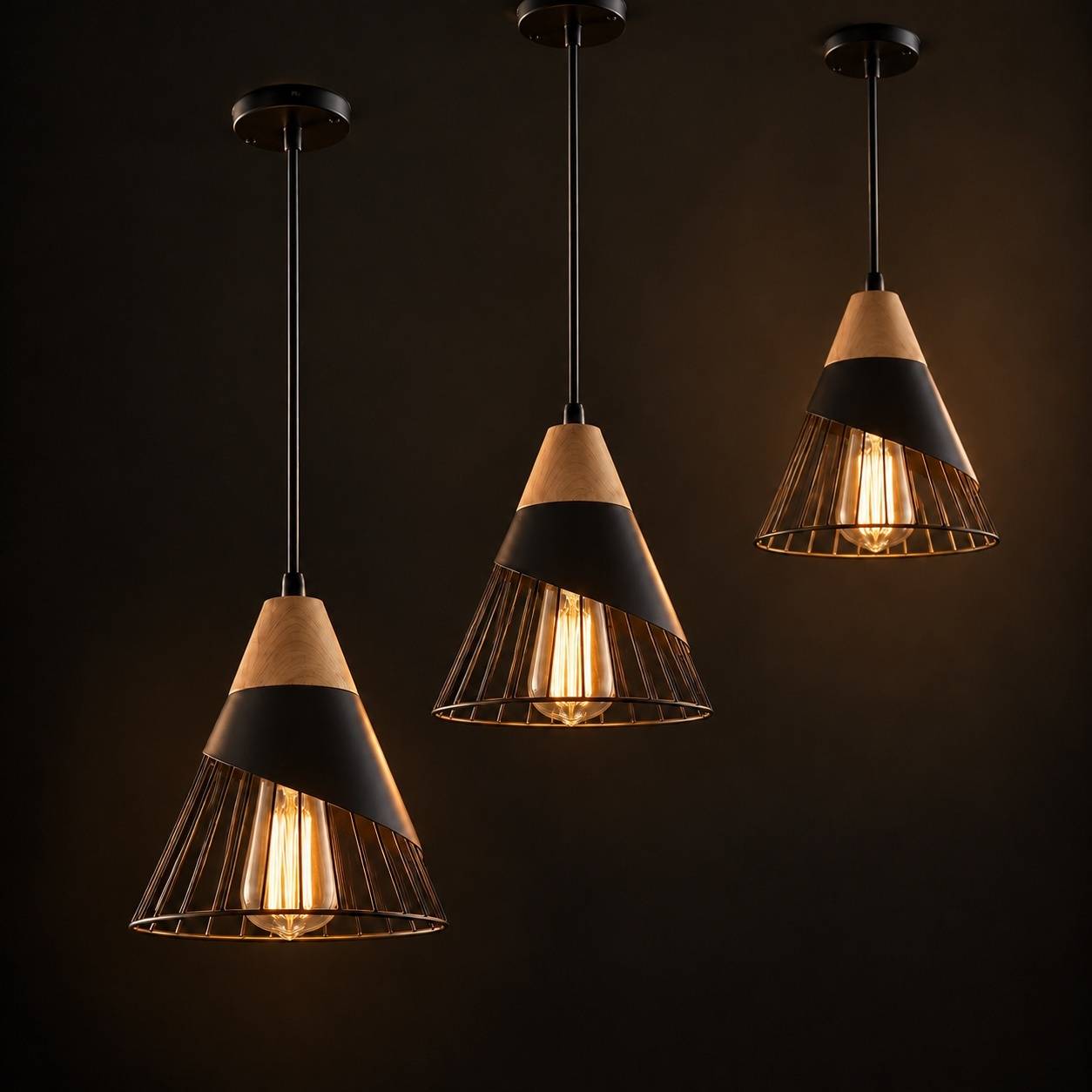 Suspension Vintage Industriel Bois Métal E27 Noir - Image 8