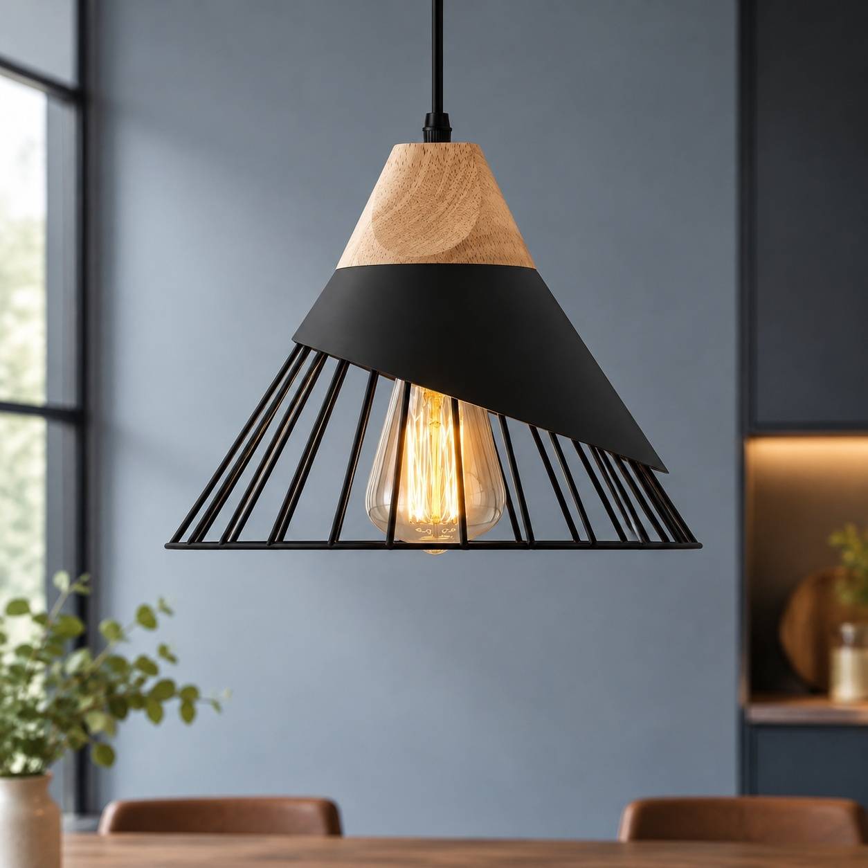 Suspension Vintage Industriel Bois Métal E27 Noir - Image 4