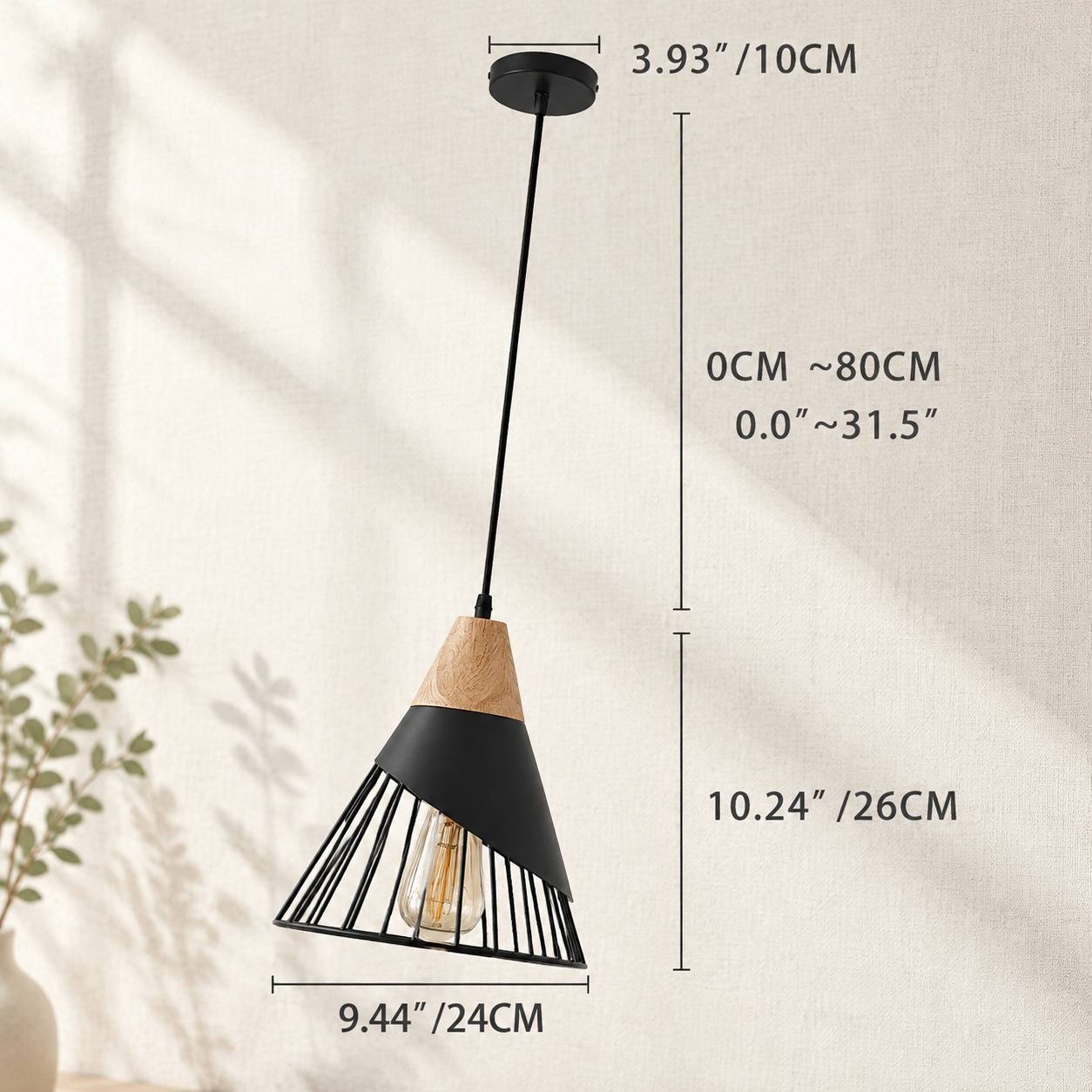 Suspension Vintage Industriel Bois Métal E27 Noir - Image 2