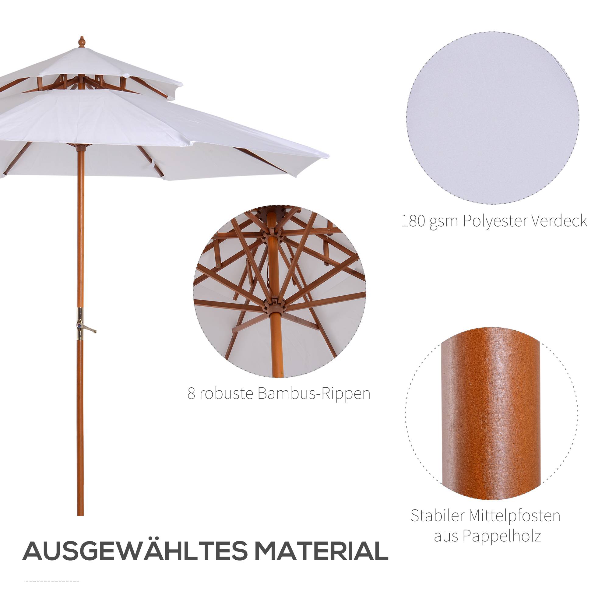 Parasol double toit en bois et polyester blanc 250 x 250 x 230 cm - PANGIVO - Image 6