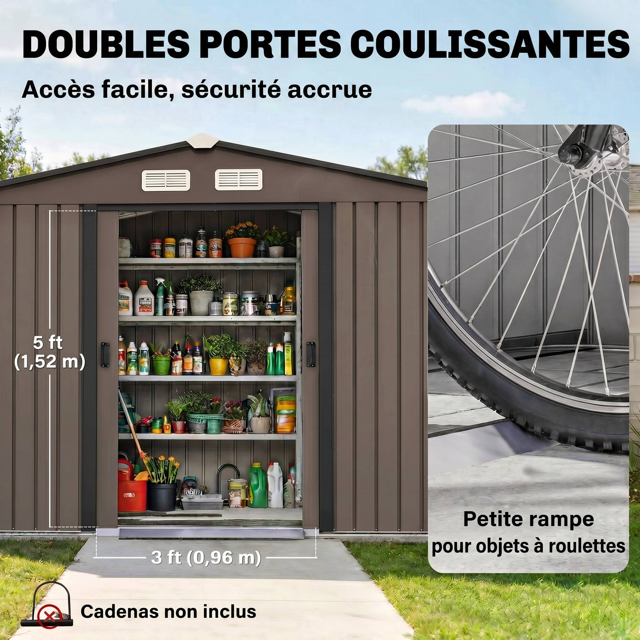 Abri de jardin 5,4 m² 2,77 x 1,95 x 1,92 m kit de fondation porte coulissante ventilations acier galvanisé, marron - Image 7