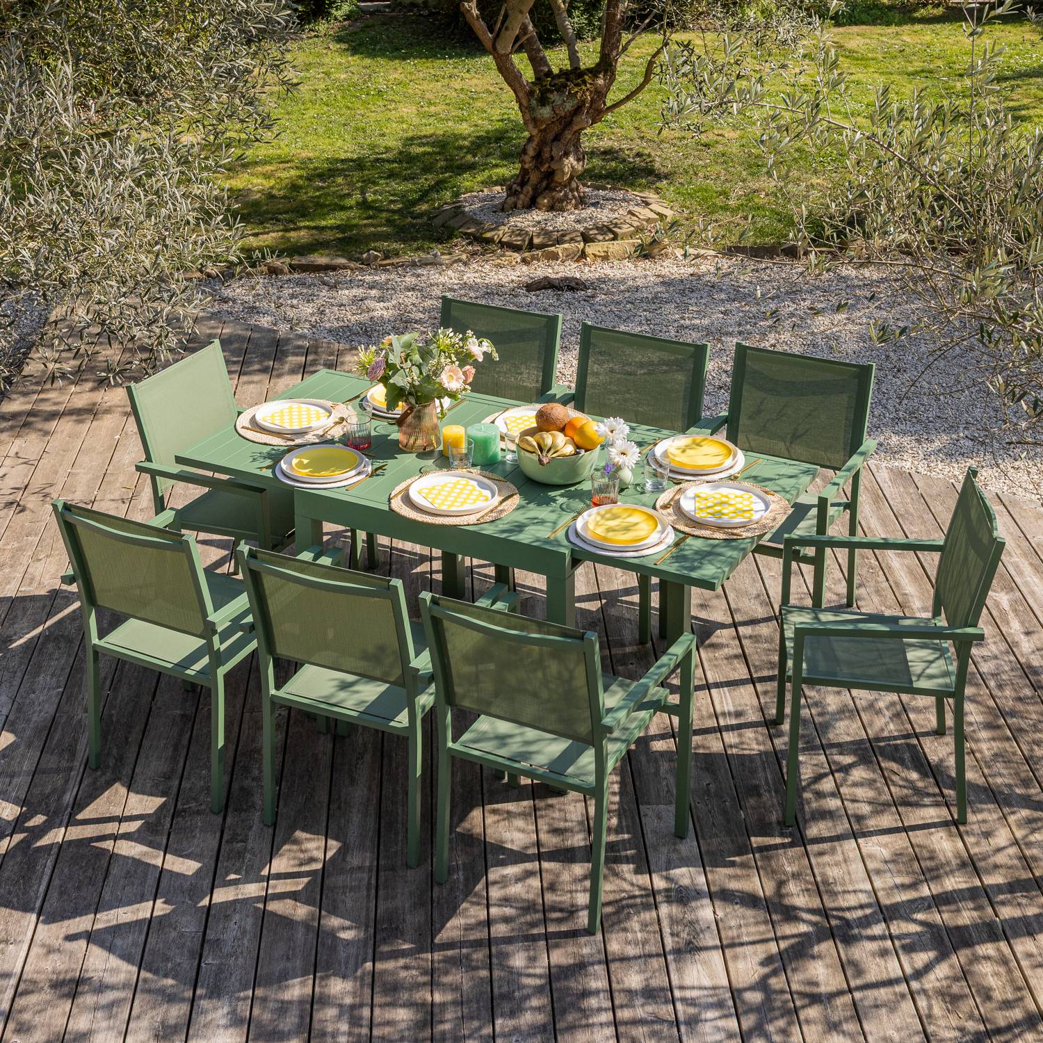 Salon de jardin VENEZIA extensible 90/180 en textilène vert sauge 8 places - aluminium vert sauge - HAPPY GARDEN - Image 2