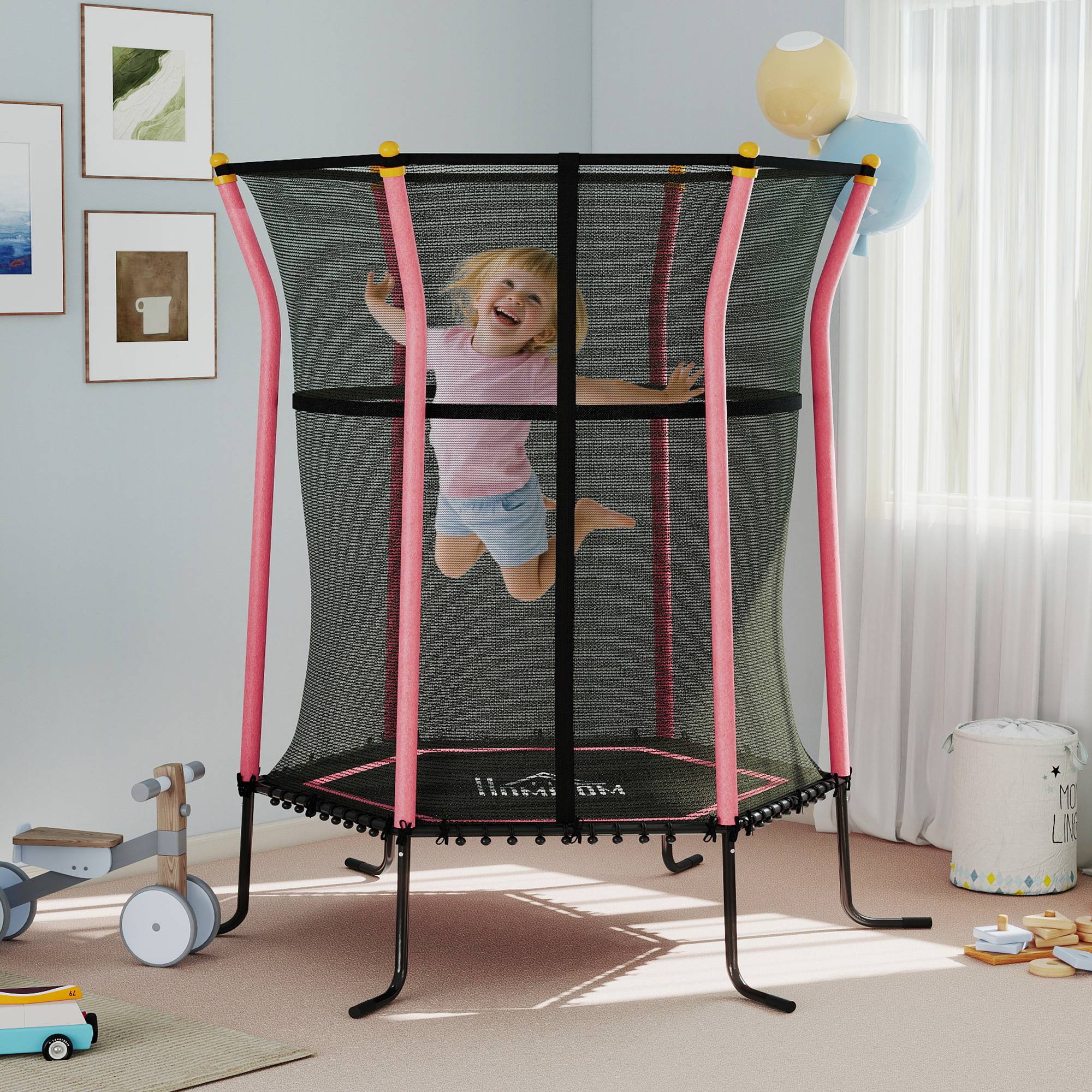 Trampoline pour enfant Ø 1,63 x 1,9 m filet de sécurité porte zippée 6 poteaux rembourrés inclus rose noir - Image 4
