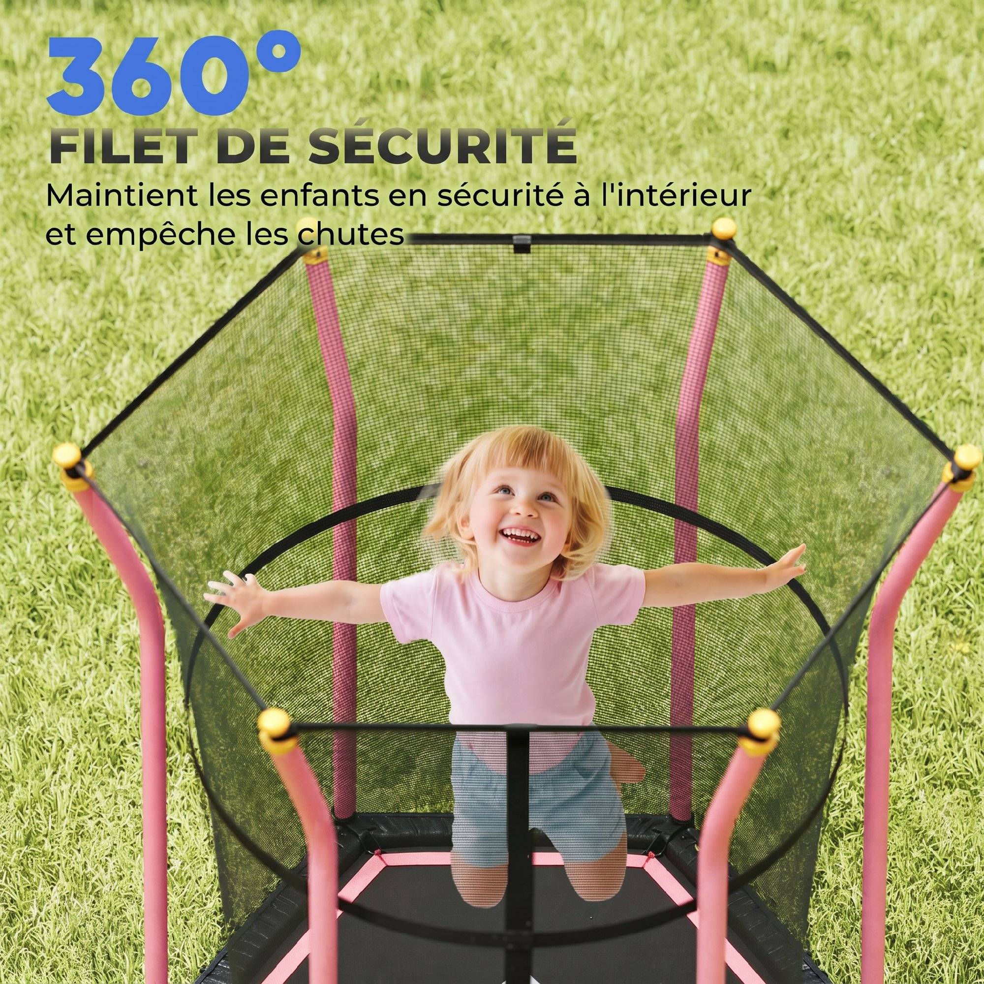 Trampoline pour enfant Ø 1,63 x 1,9 m filet de sécurité porte zippée 6 poteaux rembourrés inclus rose noir - Image 8