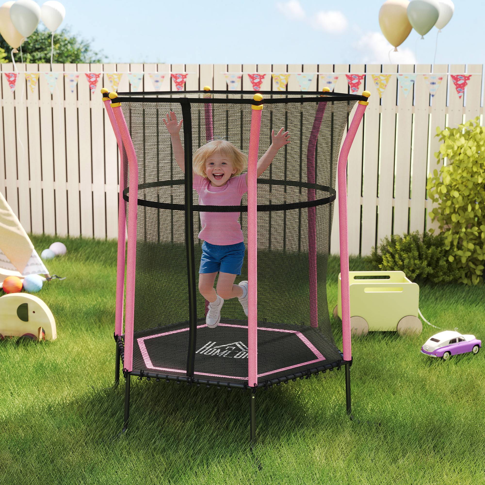 Trampoline pour enfant Ø 1,63 x 1,9 m filet de sécurité porte zippée 6 poteaux rembourrés inclus rose noir - Image 3