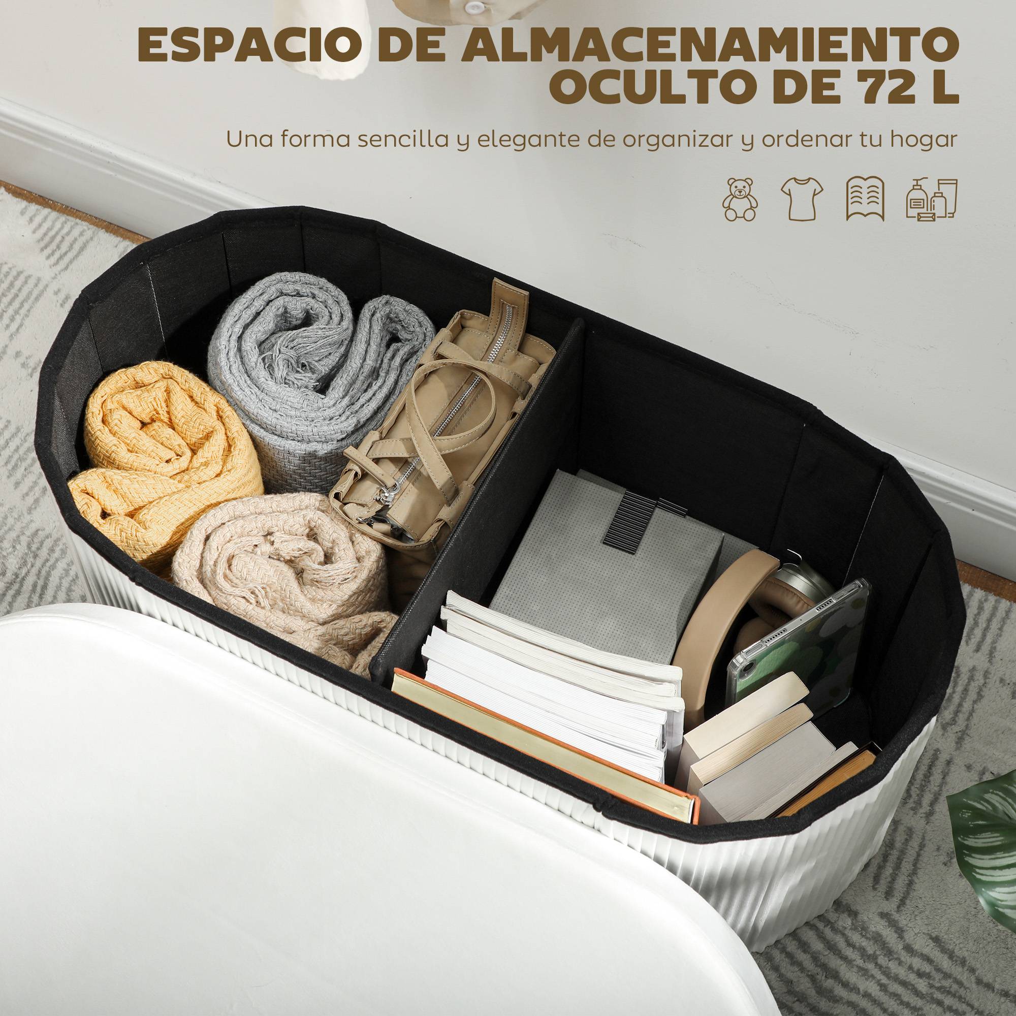 Banc coffre de rangement, coffre pliable, 72 L, 76 x 38 x 35 cm, revêtement en velours, crème - Image 6