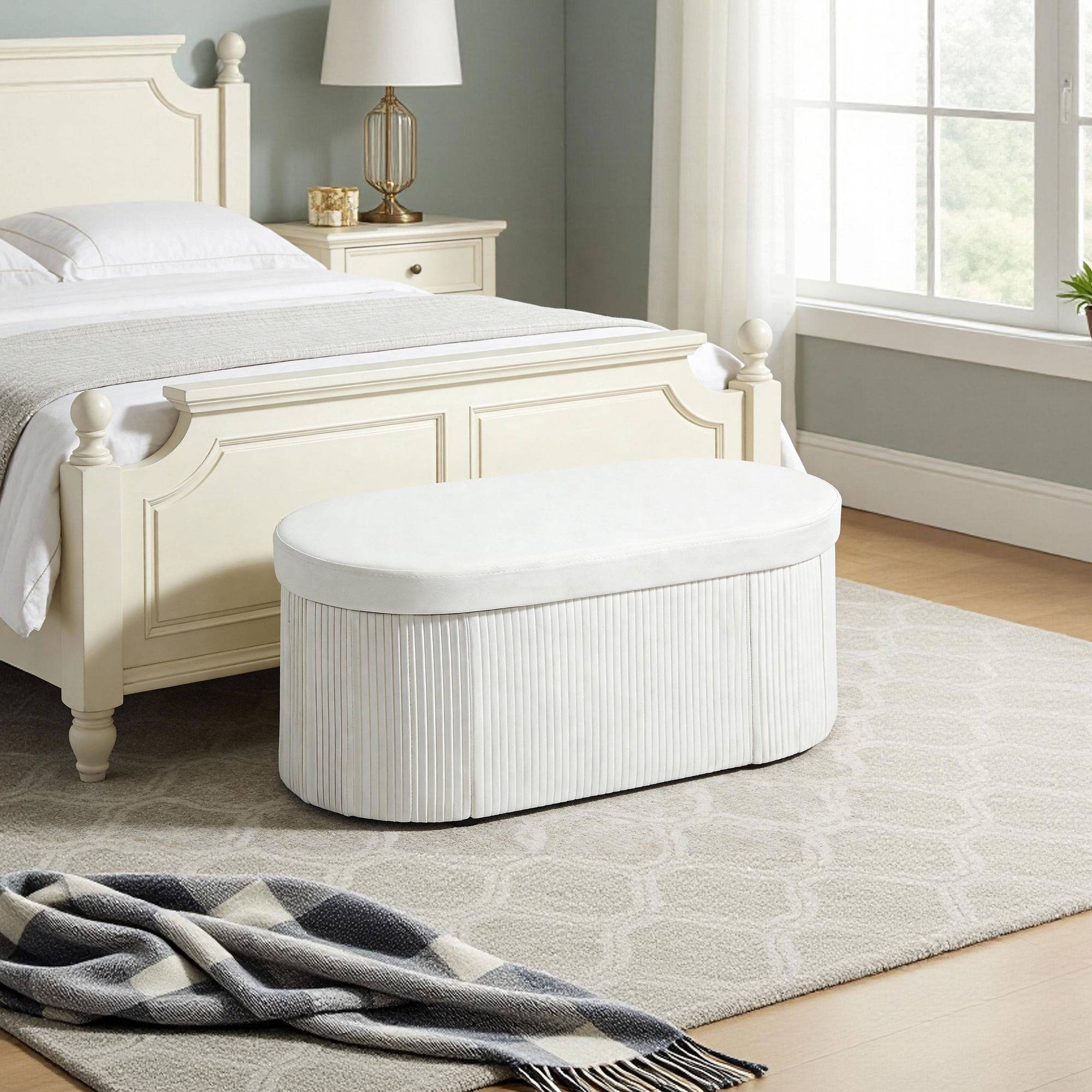 Banc coffre de rangement, coffre pliable, 72 L, 76 x 38 x 35 cm, revêtement en velours, crème - Image 4