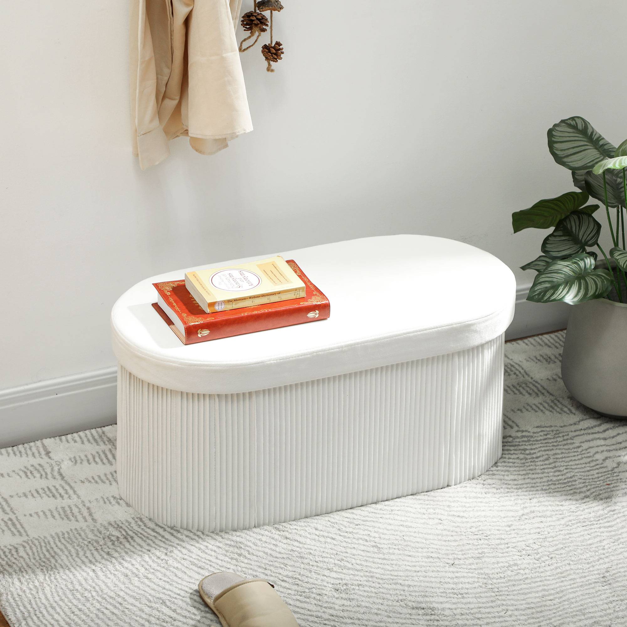 Banc coffre de rangement, coffre pliable, 72 L, 76 x 38 x 35 cm, revêtement en velours, crème - Image 3