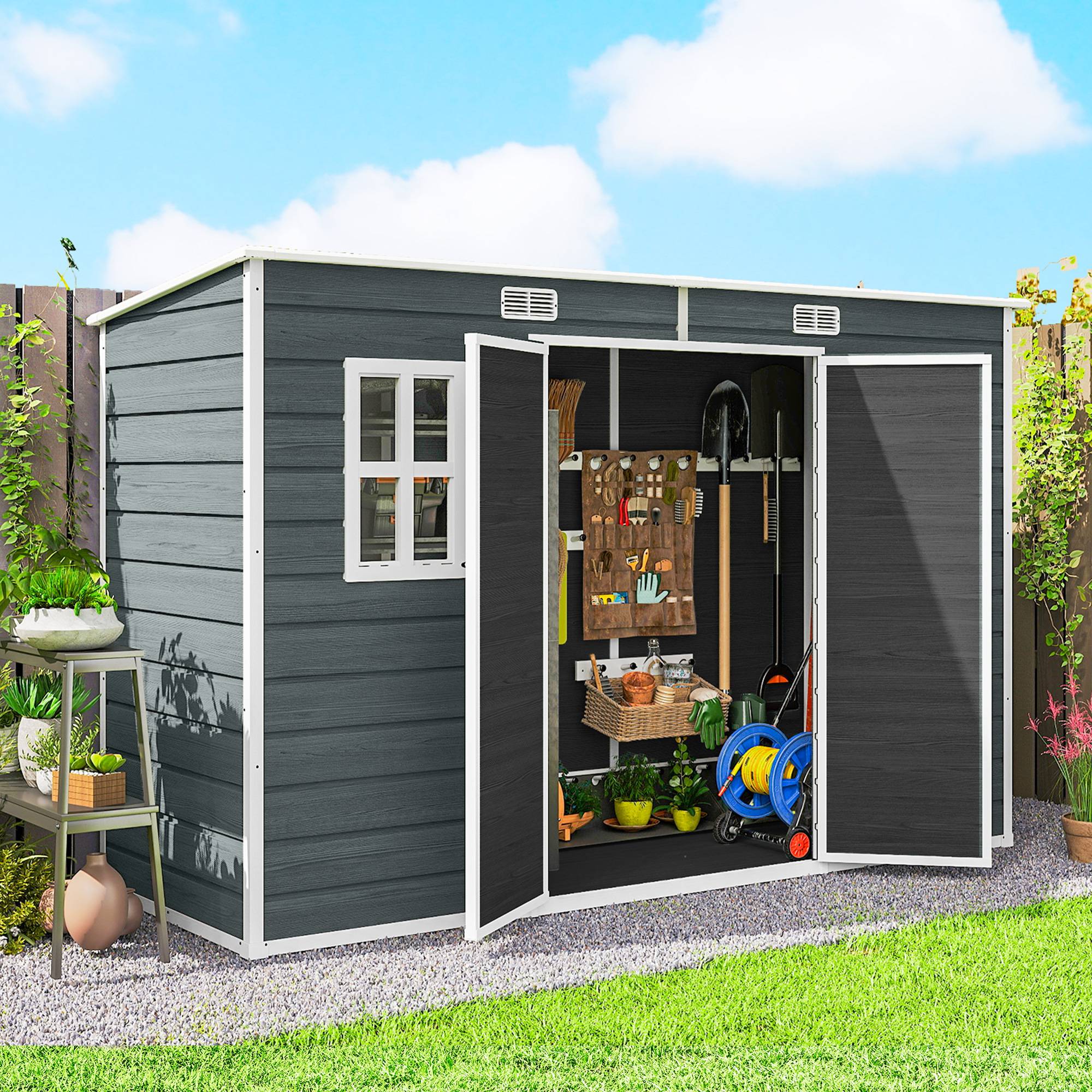 Sans Marque - Abri jardin plastique plancher 303x123x197 cm effet bois gris - Image 3