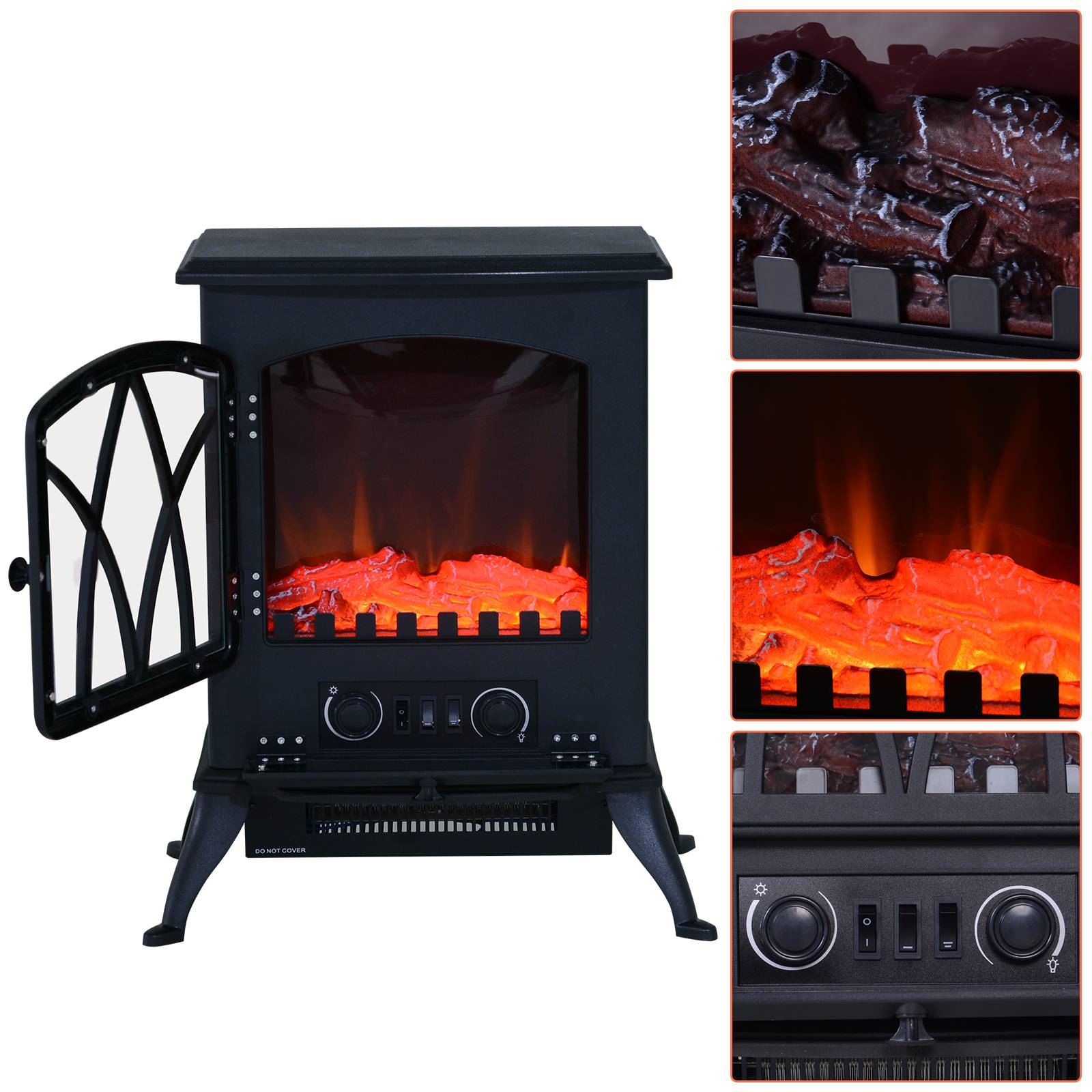Cheminée électrique sur pied 1000/2000 W, décorative, effet flamme LED, protection surchauffe, 15-30 m², noire - Image 9