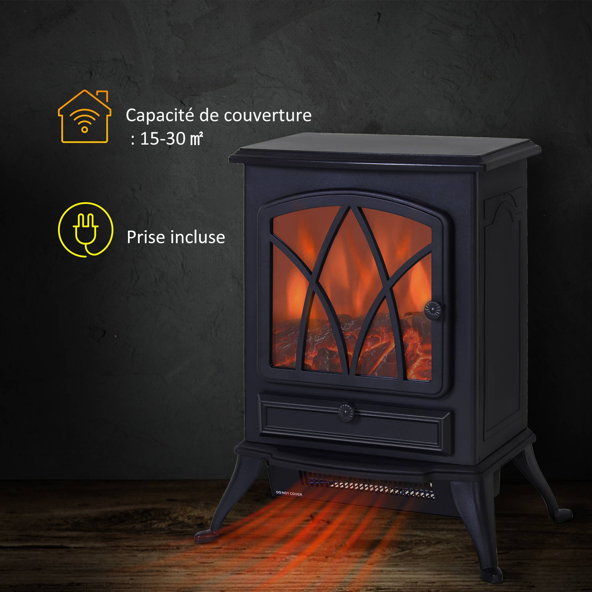 Cheminée électrique sur pied 1000/2000 W, décorative, effet flamme LED, protection surchauffe, 15-30 m², noire - Image 6