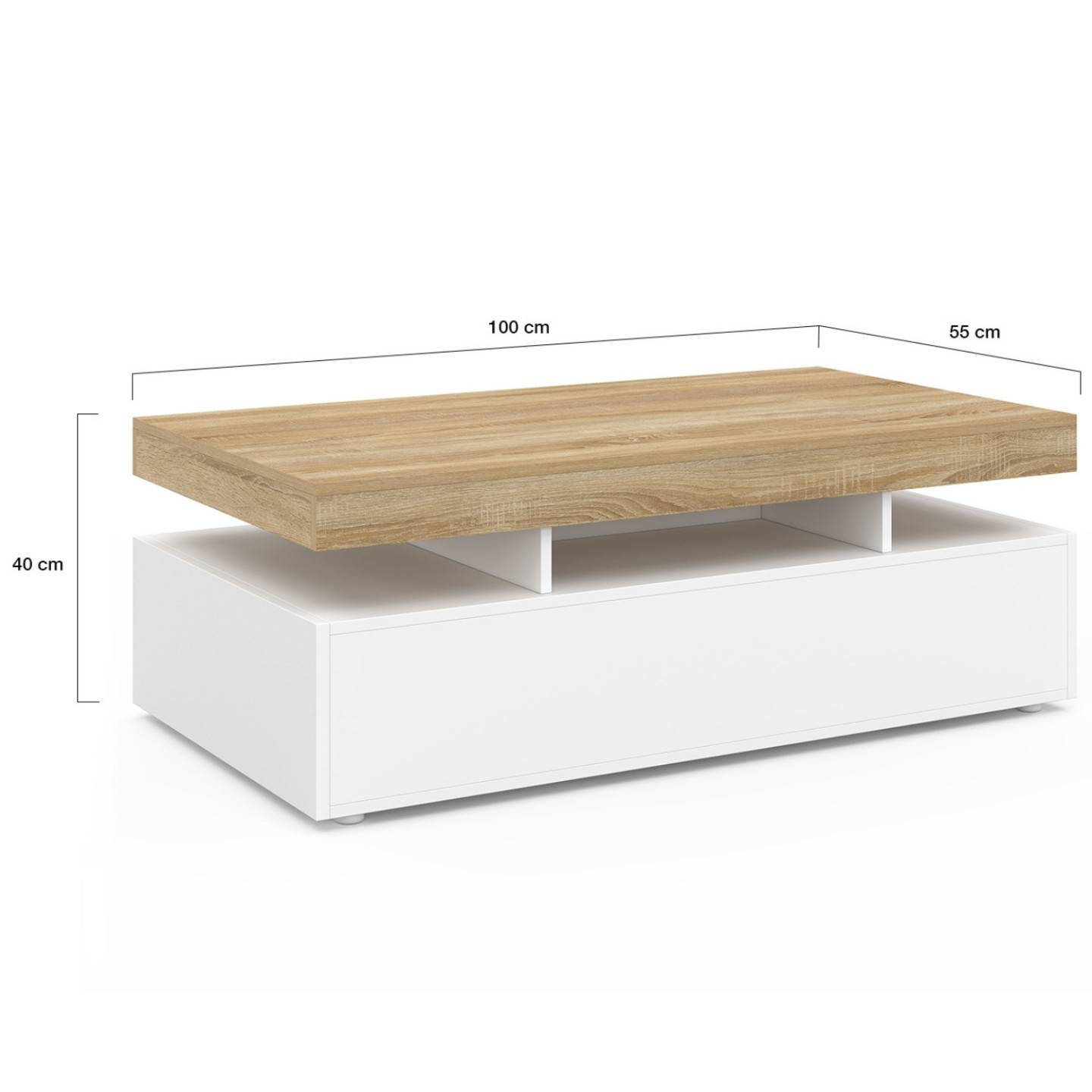 Table basse rectangulaire ELSA 100 cm 2 tiroirs en bois blanc et plateau façon hêtre - Image 5