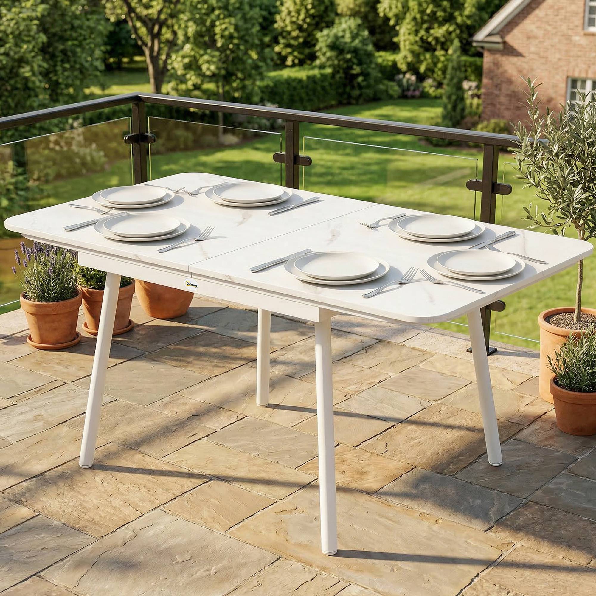 Sans Marque - Table de Jardin Rectangulaire pour 4-6 Personnes, Plateau en WPC et Cadre en Métal, Pieds Réglables, 140x80x75cm, Blanc - Image 4