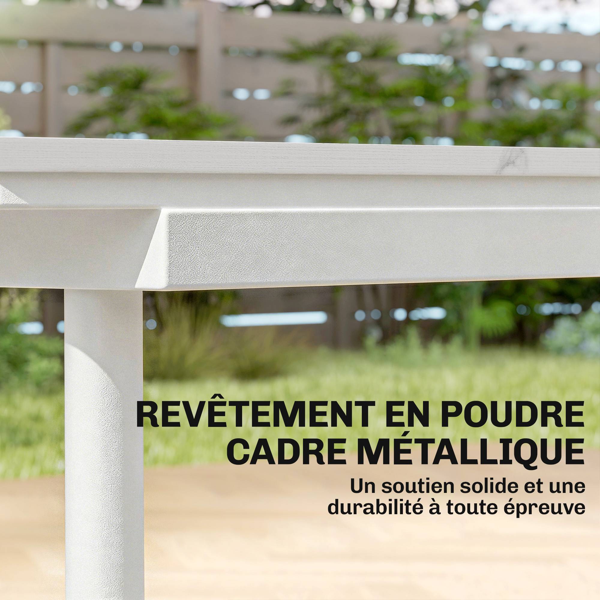 Sans Marque - Table de Jardin Rectangulaire pour 4-6 Personnes, Plateau en WPC et Cadre en Métal, Pieds Réglables, 140x80x75cm, Blanc - Image 8