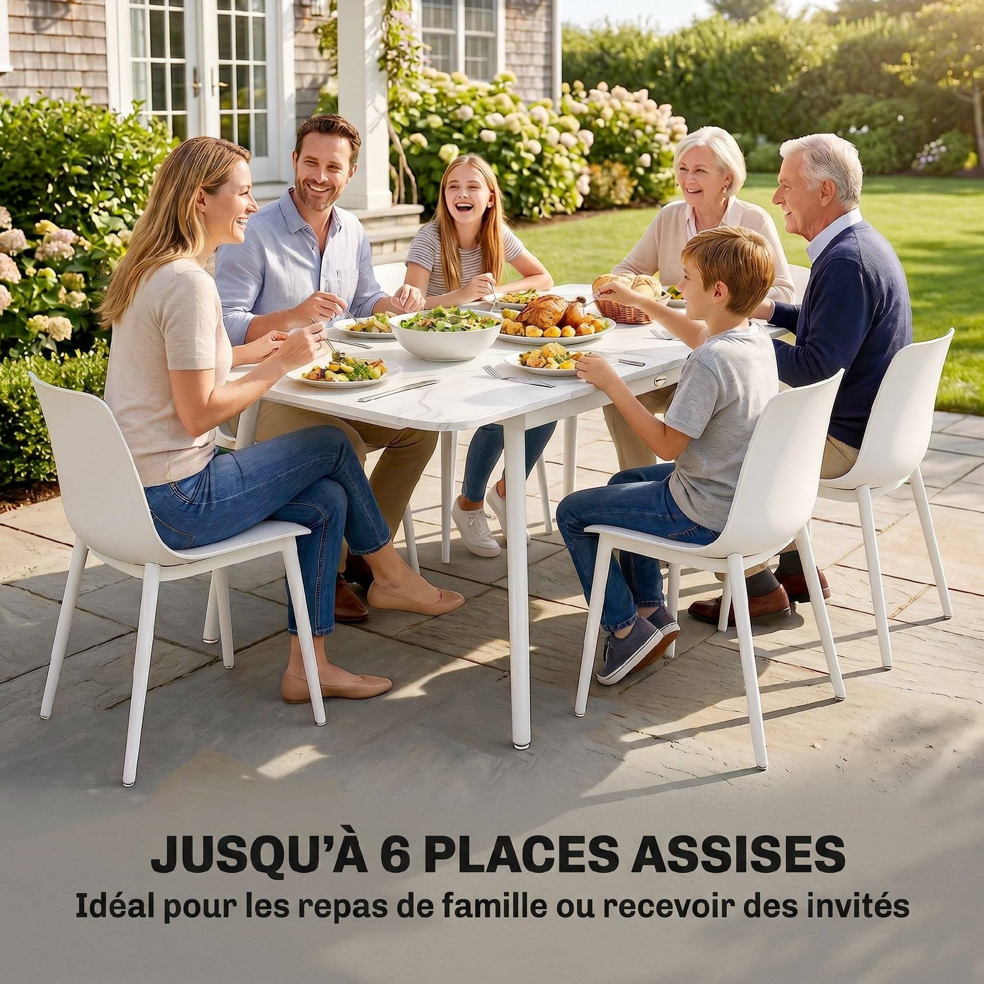 Sans Marque - Table de Jardin Rectangulaire pour 4-6 Personnes, Plateau en WPC et Cadre en Métal, Pieds Réglables, 140x80x75cm, Blanc - Image 6