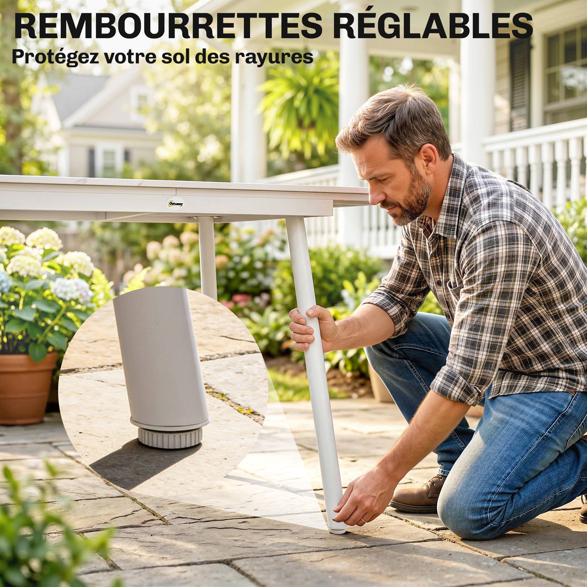 Sans Marque - Table de Jardin Rectangulaire pour 4-6 Personnes, Plateau en WPC et Cadre en Métal, Pieds Réglables, 140x80x75cm, Blanc - Image 9