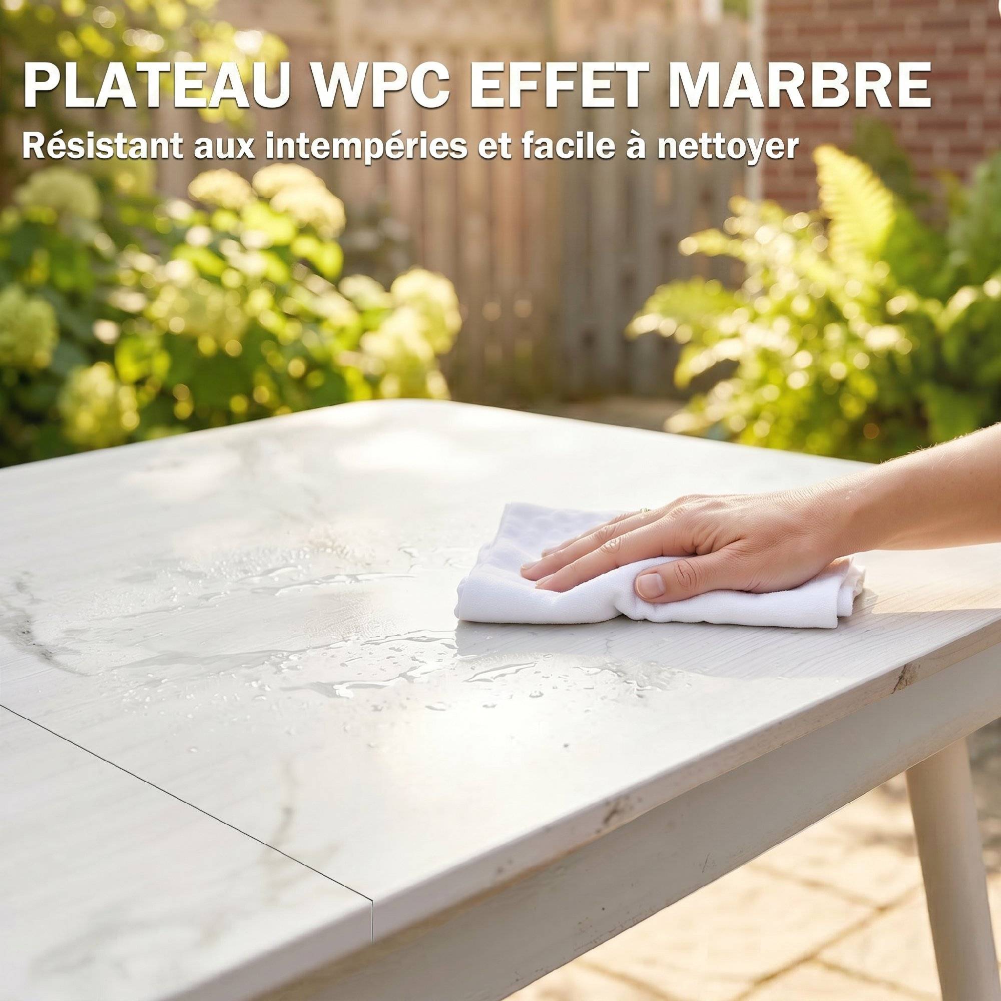 Sans Marque - Table de Jardin Rectangulaire pour 4-6 Personnes, Plateau en WPC et Cadre en Métal, Pieds Réglables, 140x80x75cm, Blanc - Image 7