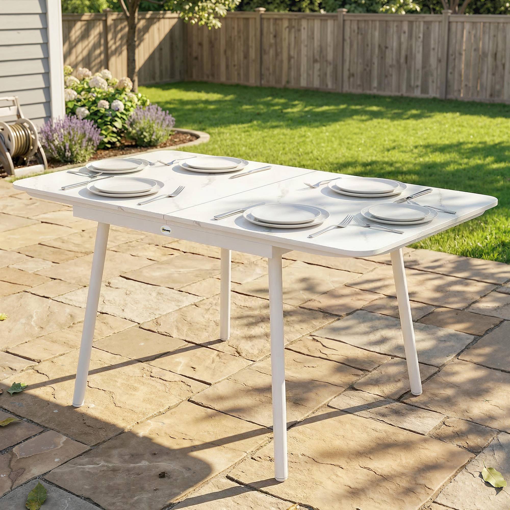 Sans Marque - Table de Jardin Rectangulaire pour 4-6 Personnes, Plateau en WPC et Cadre en Métal, Pieds Réglables, 140x80x75cm, Blanc - Image 10