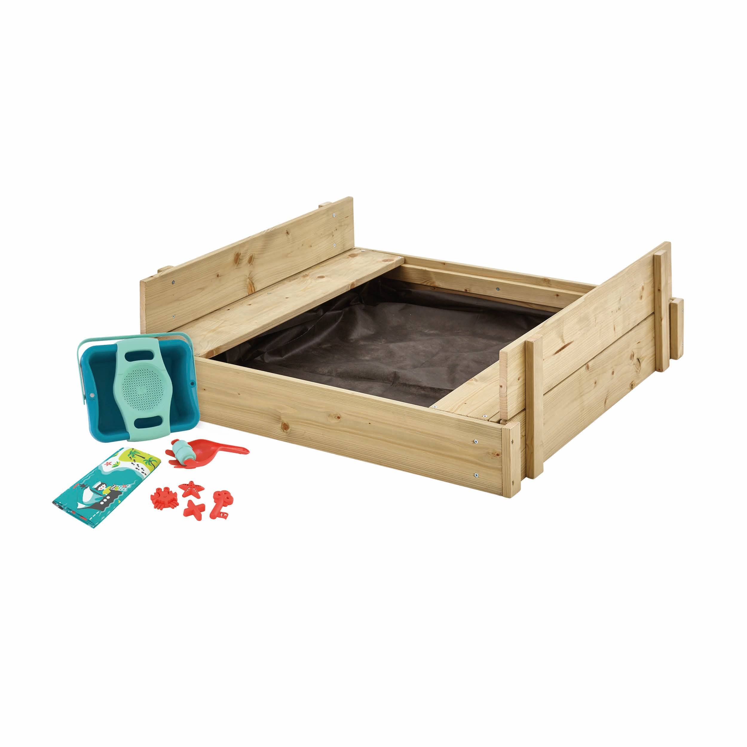 Bac à sable bois FSC® avec bancs intégrés et kit de jeux EXPLORATEUR - Image 2
