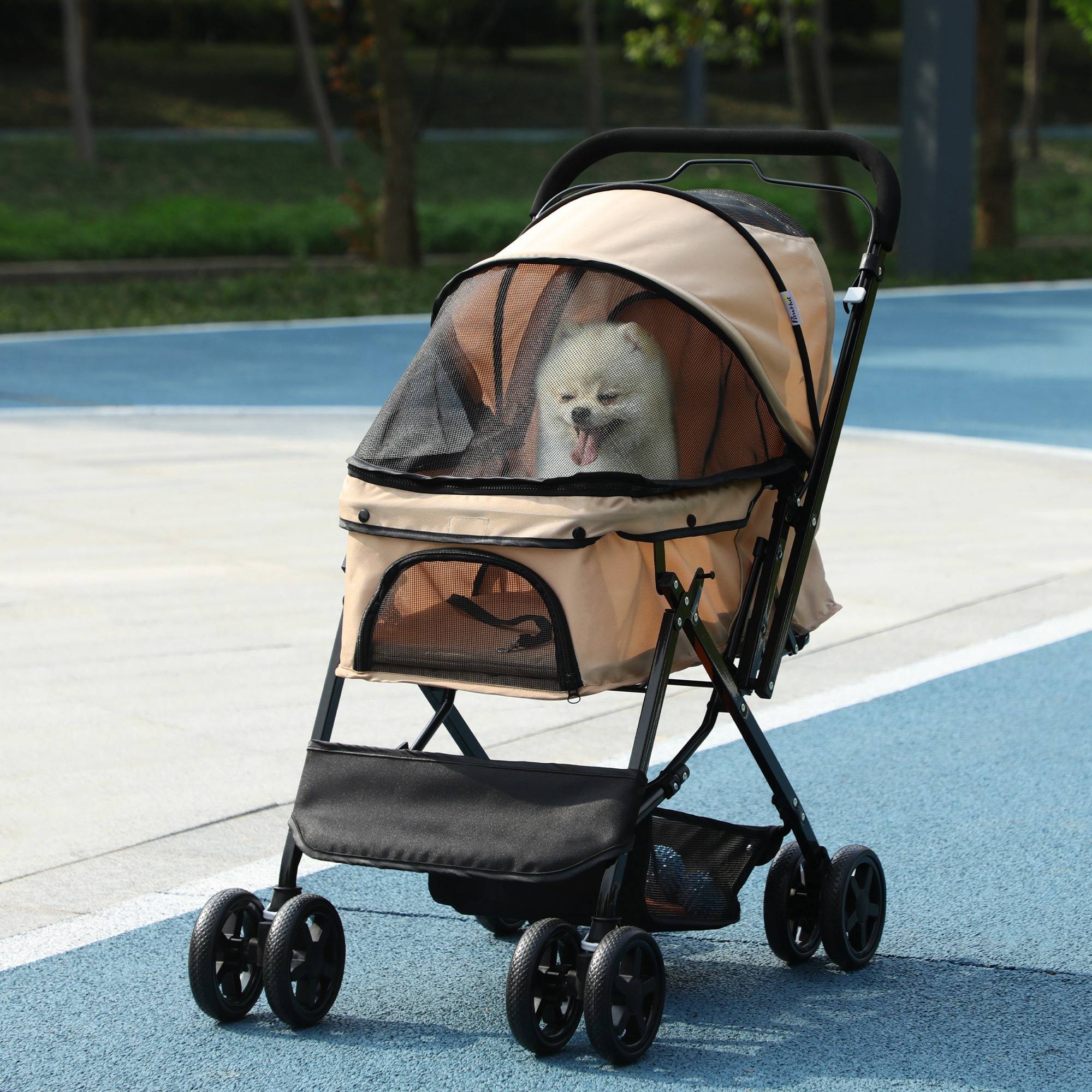 Sans Marque - Poussette chien poignée réversible panier rangement corde sécurité 76,5x52x95 cm marron - Image 4
