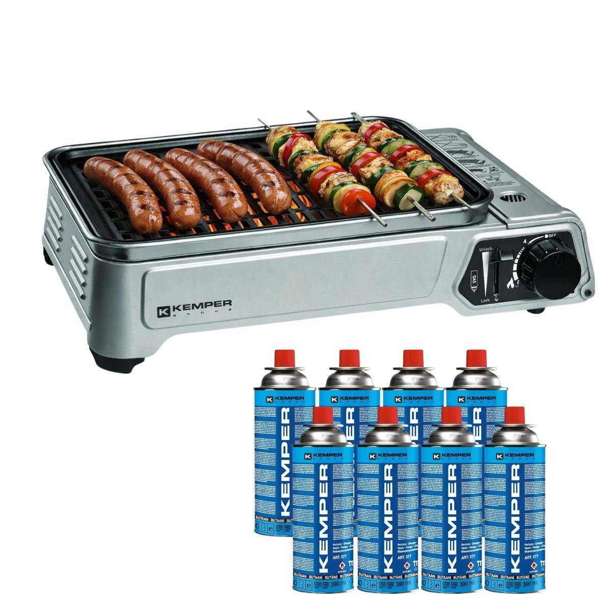 Barbecue à gaz portable 1900W Grille anti adhesive + 8 Cartouches gaz butane - Idéal camping, terrasse, extérieur KEMPER - Image 1