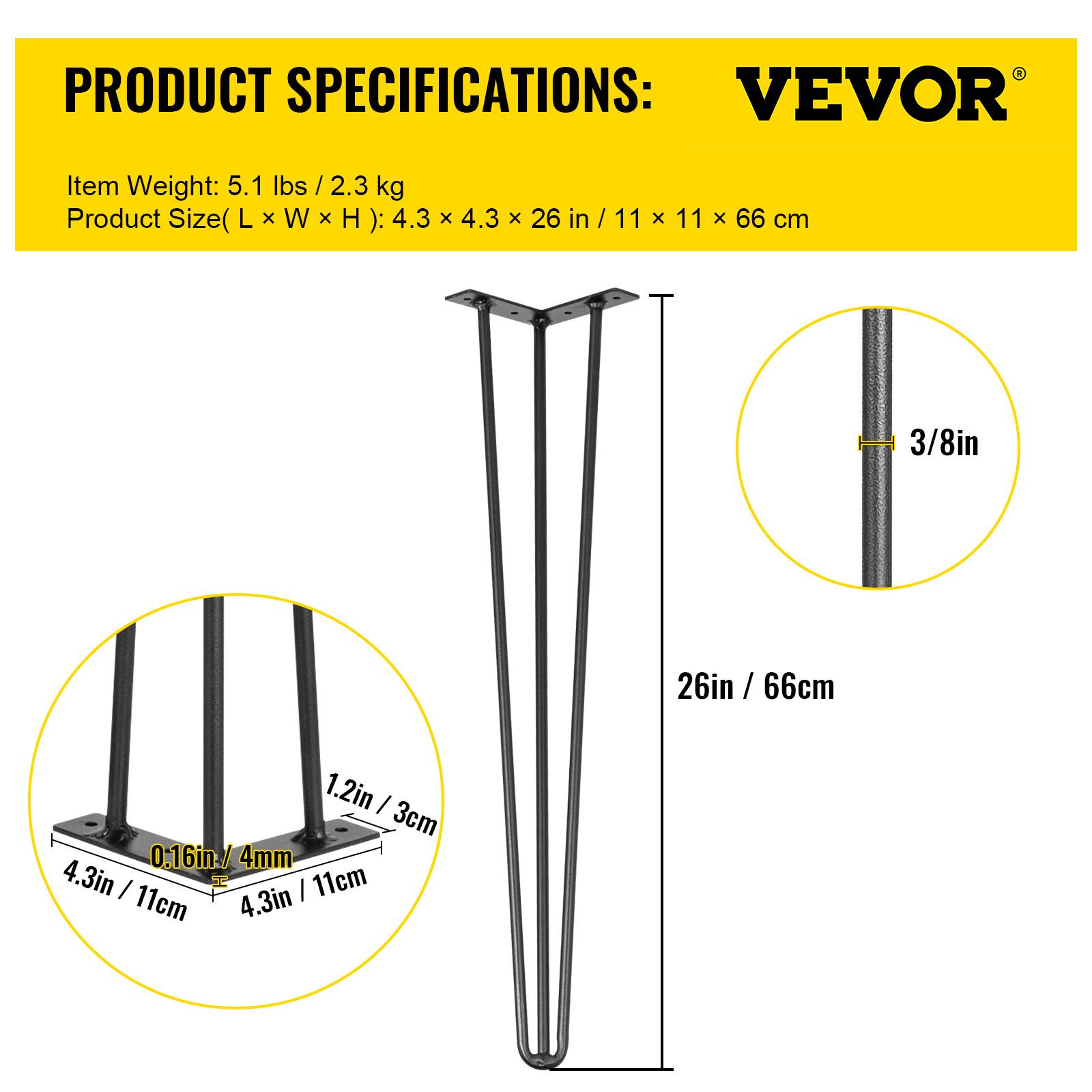 VEVOR Pieds de table épingle à cheveux 4 pcs 66cm. Acier 3 tiges robustes, noirs. Pour créer table basse. - Image 7